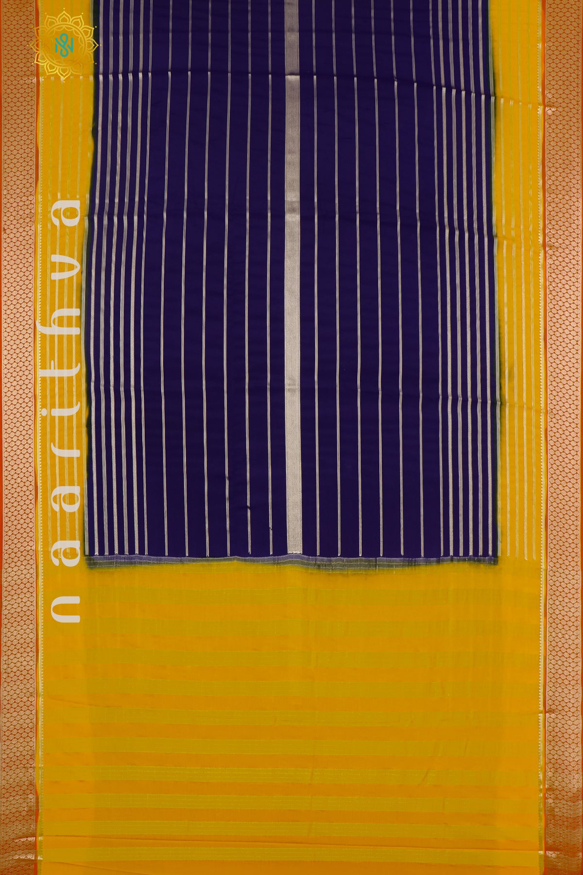 NAVY BLUE WITH YELLOW & ORANGE - SEMI MYSORE CREPE SILK