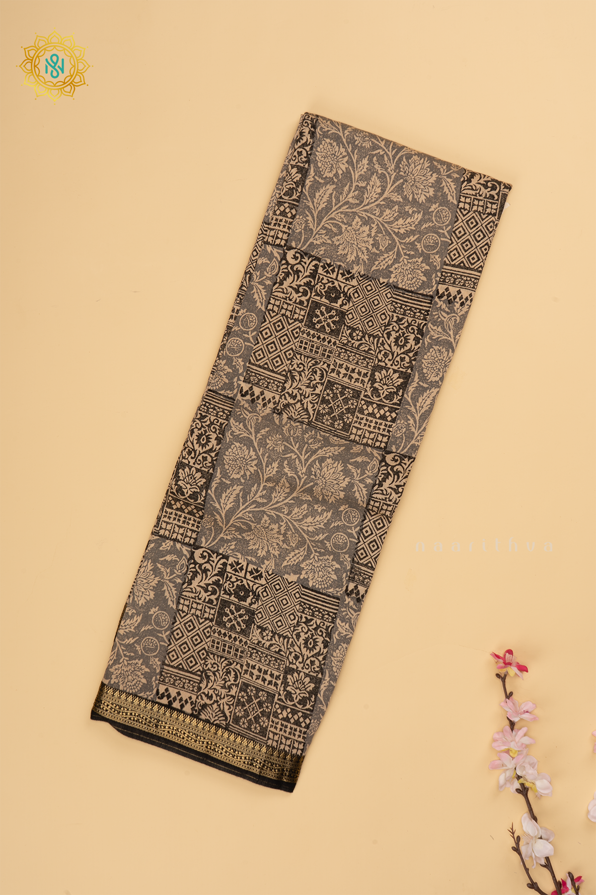 Black with Grey Butter Crepe Saree with All-Over Printed Body and Zari Border