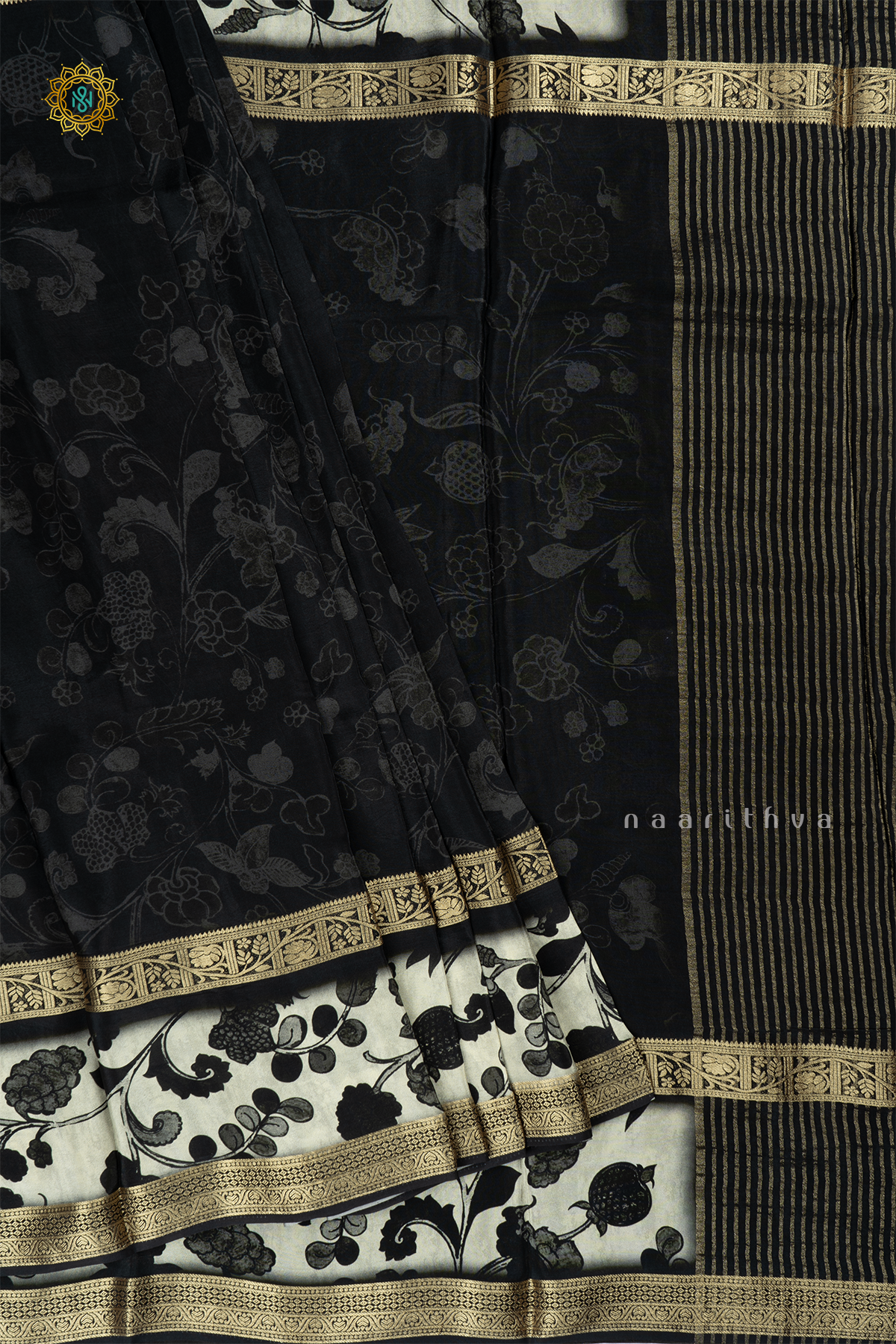 Black With Off White Printed Semi Crepe Silk Saree With Contrast Bentex Zari Border & Pallu
