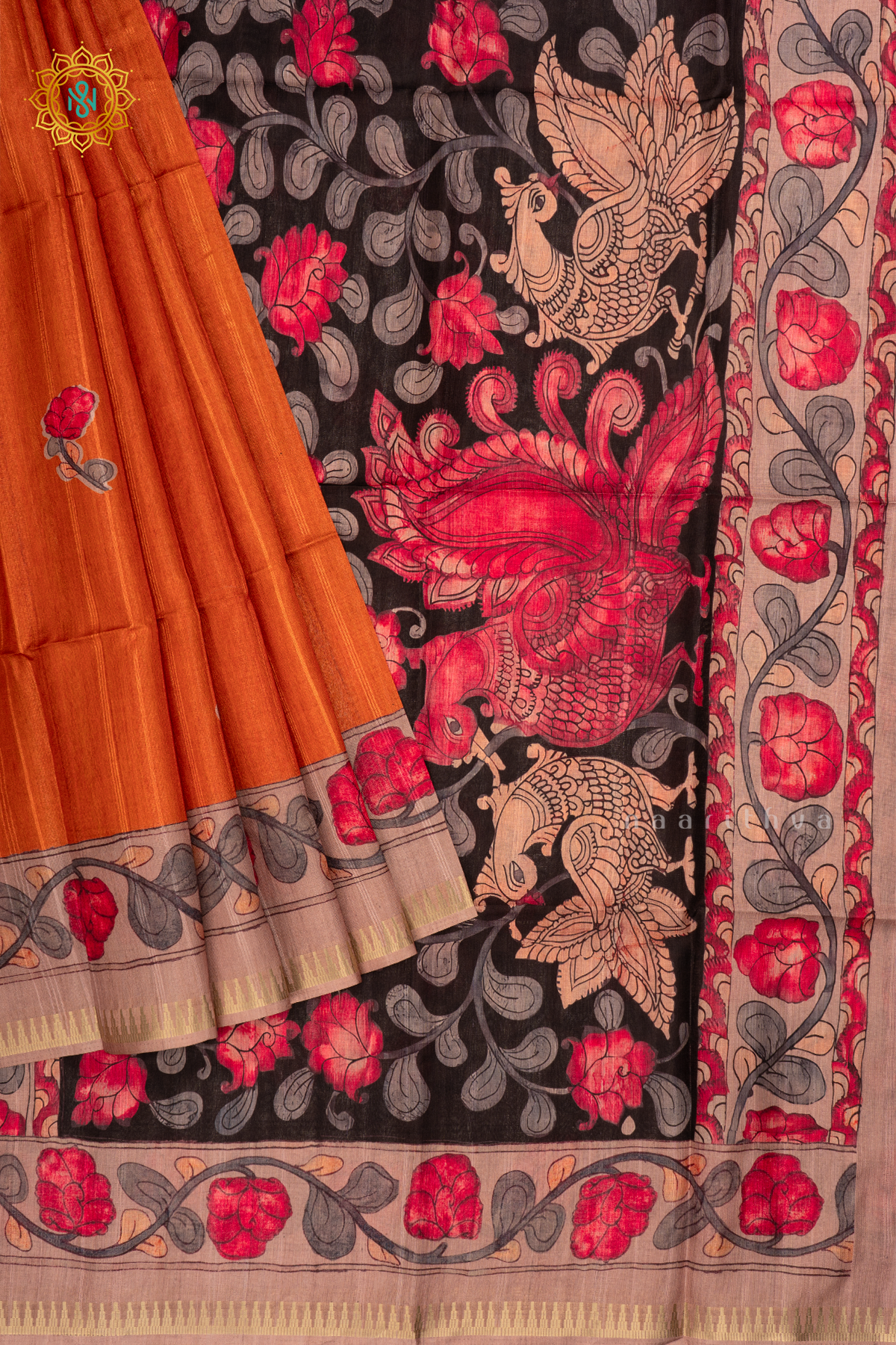 Orange Semi Tussar Silk Saree With Kalamkari Prints allover the body,Pallu and Zari Border