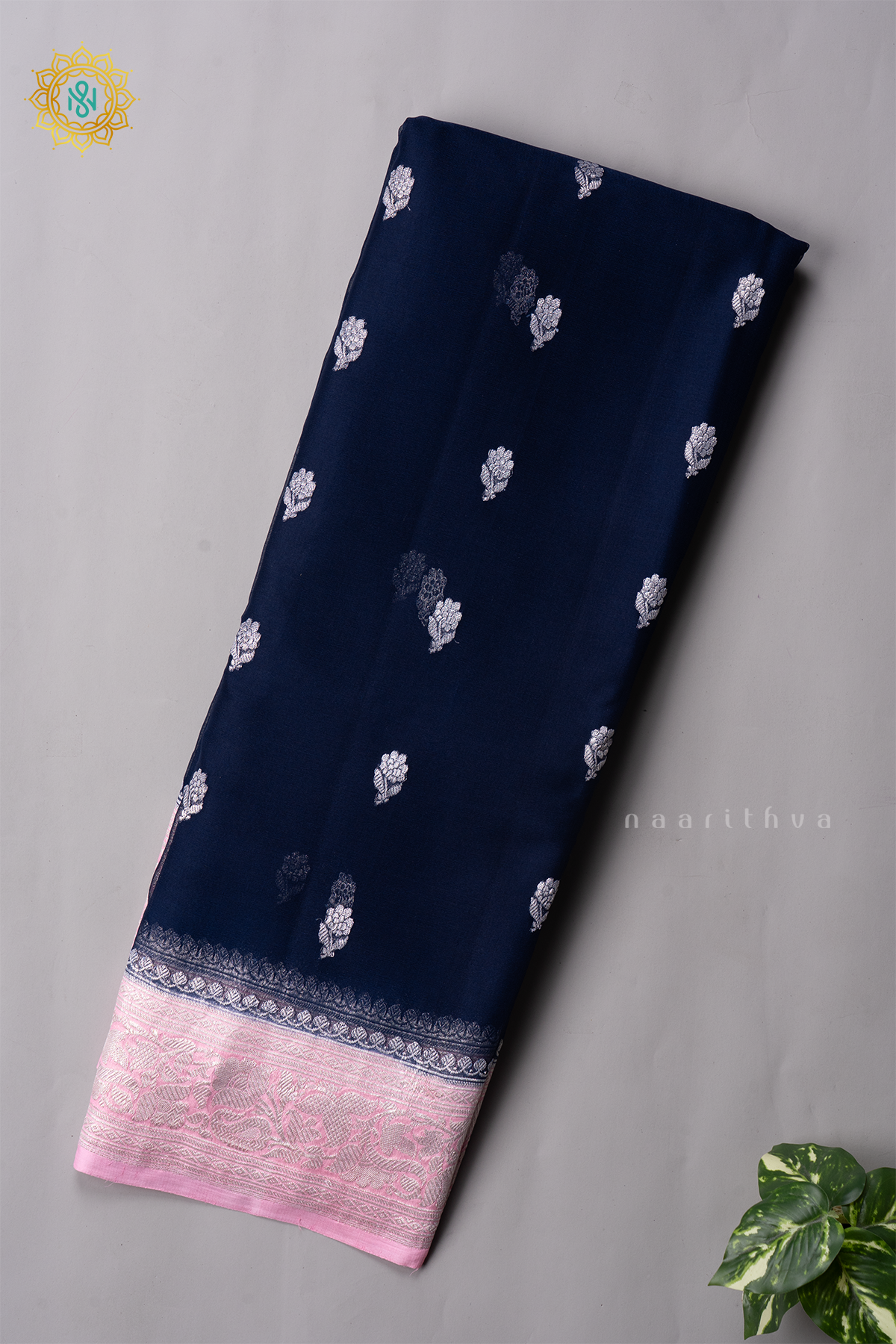 NAVY BLUE WITH LIGHT PINK - PURE BANARASI CHIFFON