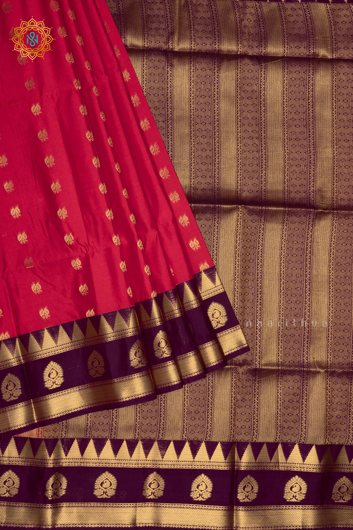 RED WITH PURPLE - SEMI SOFT SILK SAREE ALLOVER ZARI BUTTAS AND CONTRAST TEMPLE RISING GAP BORDER