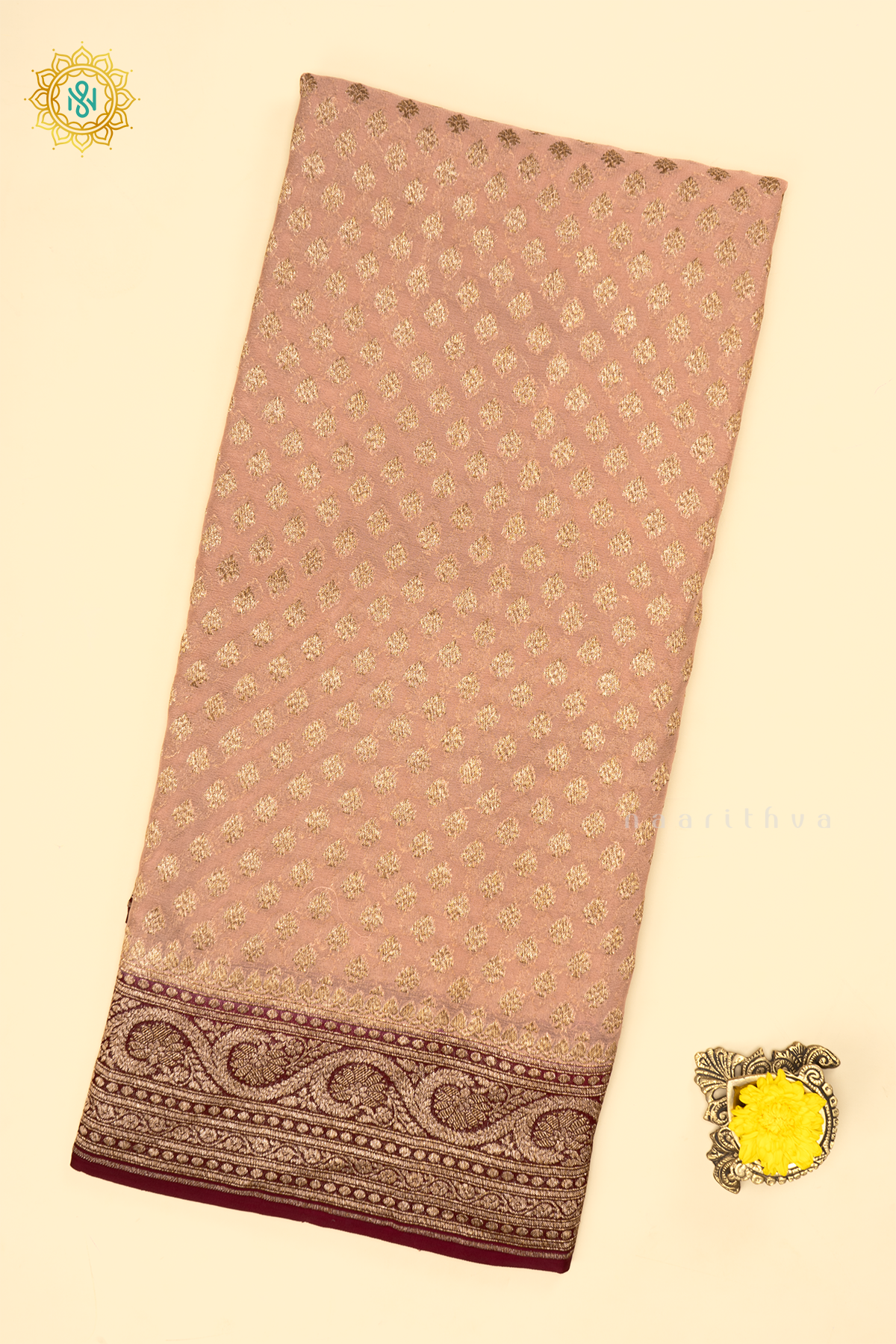 OFF WHITE WITH MAROON - PURE BANARASI KHADDI GEORGETTE SAREE ALLOVER ZARI WOVEN BUTTAS AND  CONTRAST ZARI WOVEN BORDER