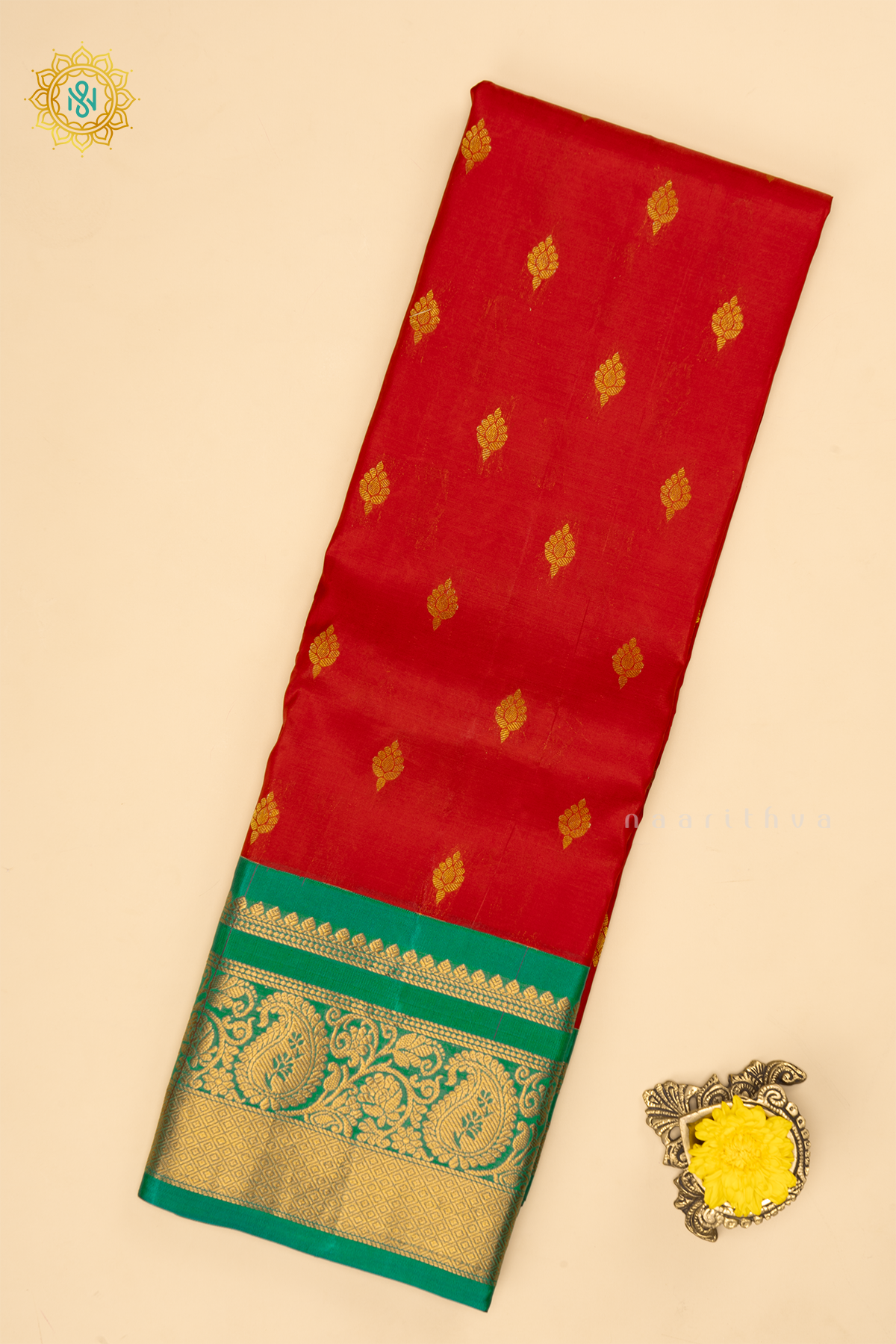 Red With Green Pure Gadwal Silk Saree With Zari Woven Buttas And Contrast Zari Border