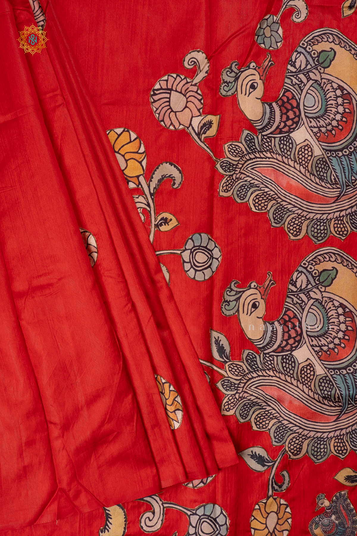 RED - SEMI TUSSAR WITH APPLIQUE WORK