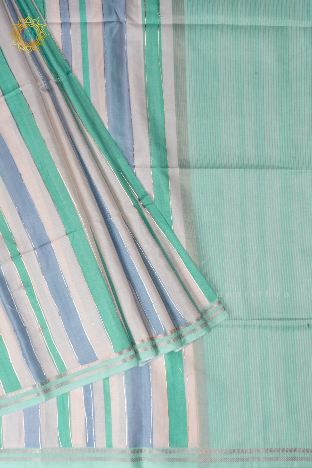 Aqua Green With Blue Semi Tussar Silk Saree With Vertical Stripes & Contrast Pallu
