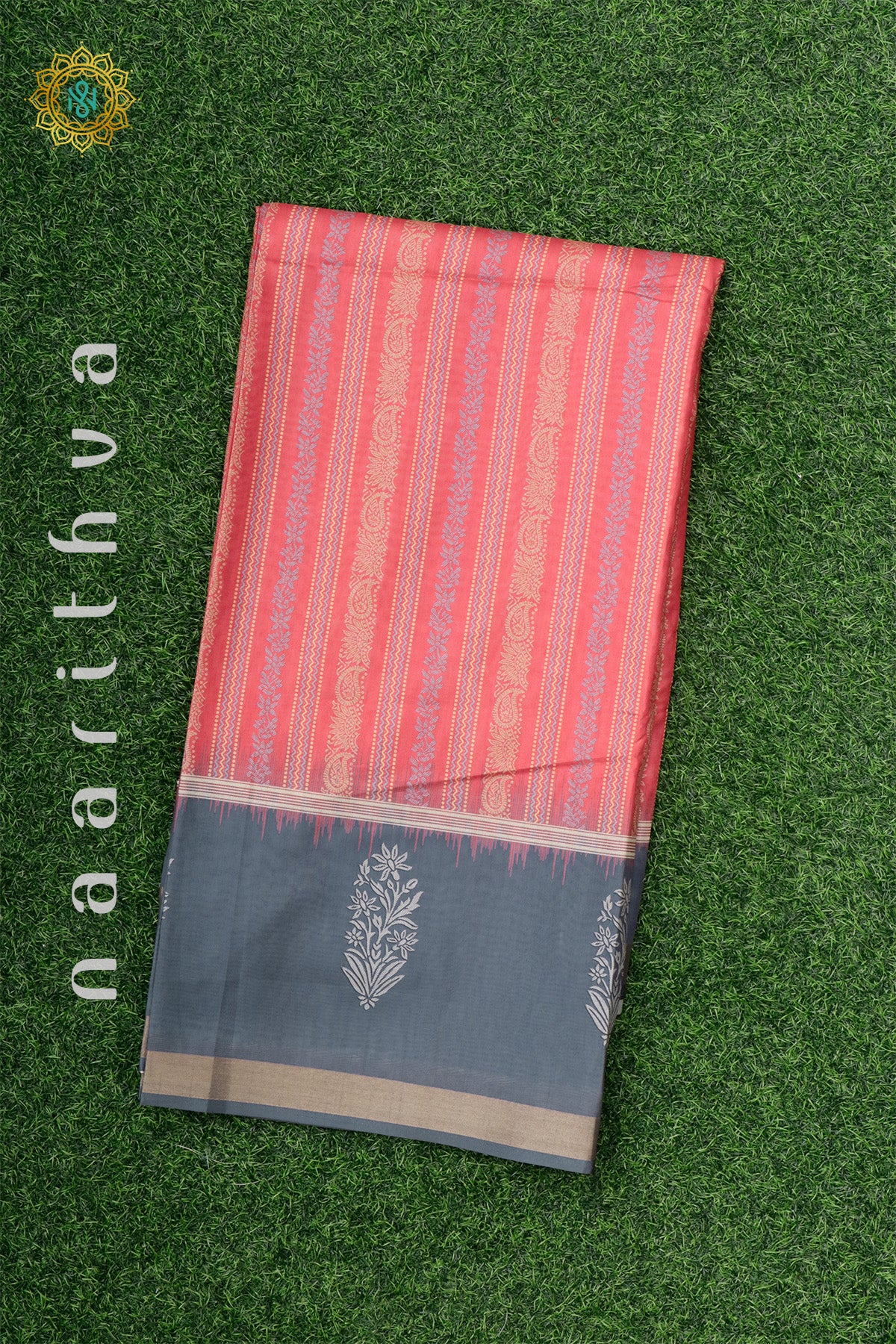 PEACHISH RED WITH ELEPHANT GREY - DOLA SILK