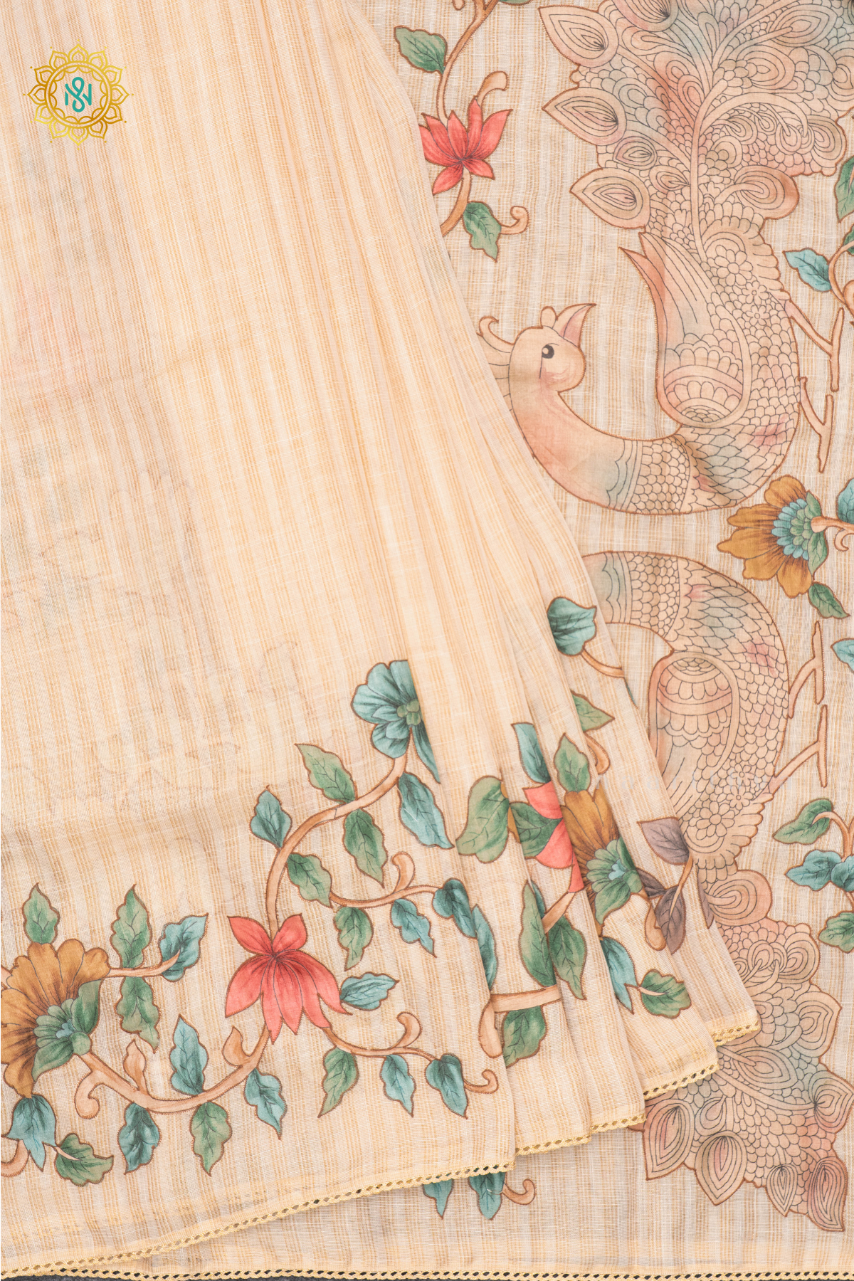 OFF WHITE WITH PISTA GREEN - LINEN TISSUE WITH APPLIQUE WORK