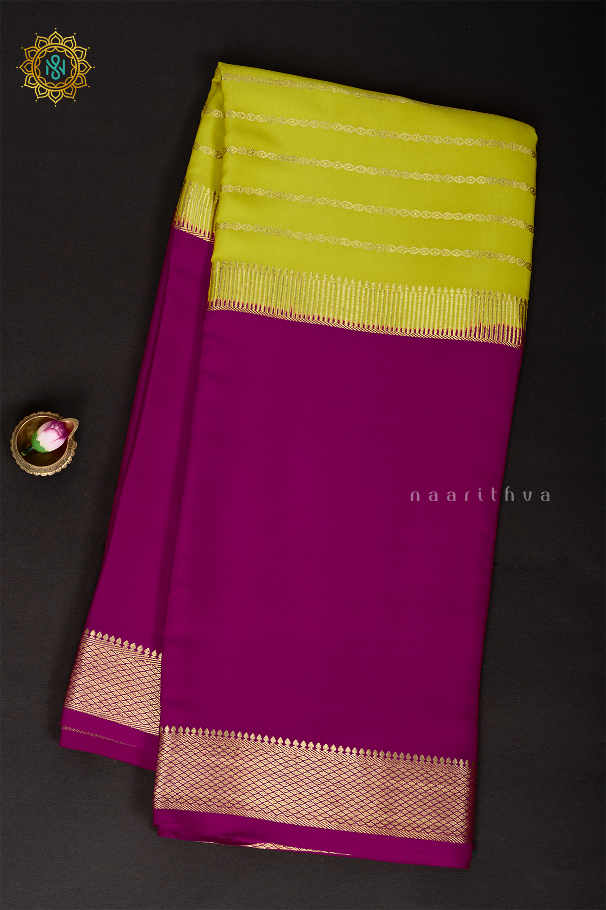 PARROT GREEN WITH PINK - PURE MYSORE CREPE SILK