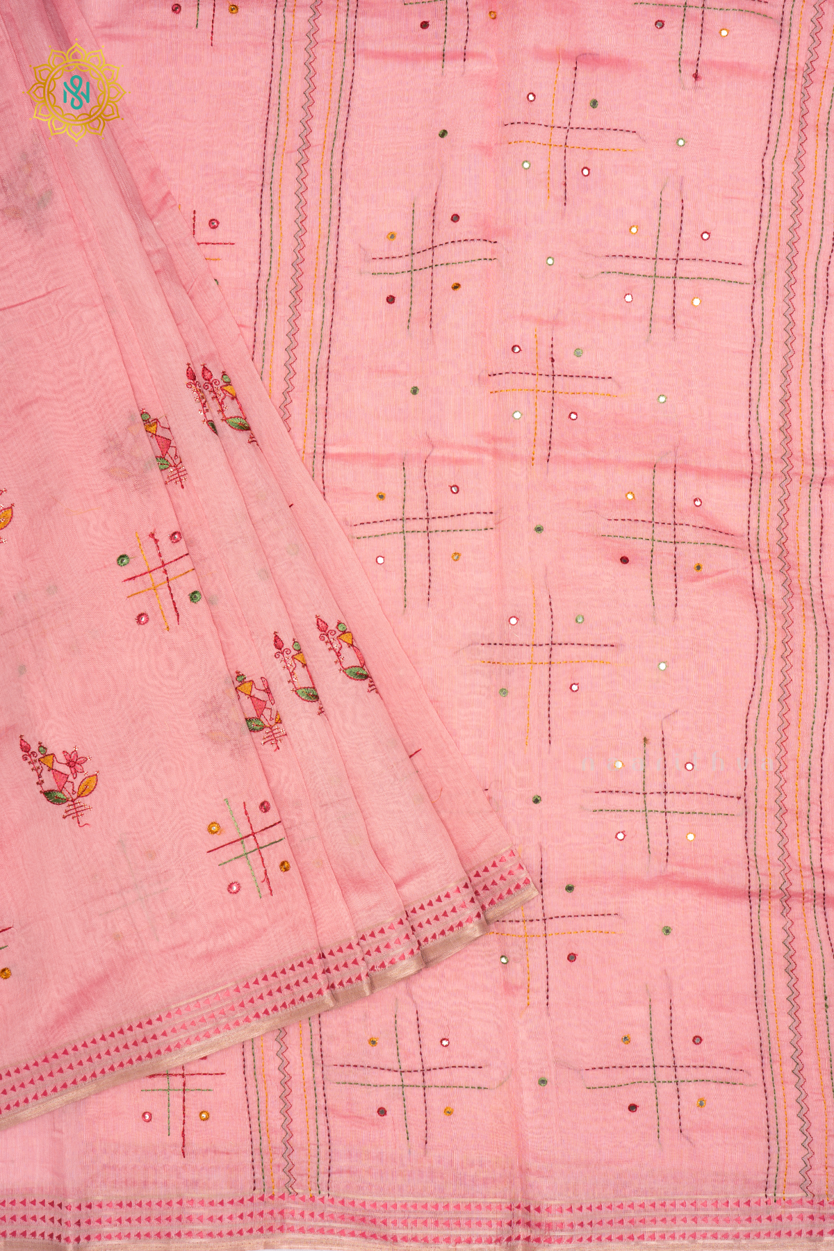 LIGHT PINK - CHANDERI  COTTON SAREE WITH EMBROIDERY BUTTAS,  PALLU AND  THREAD WOVEN BORDER