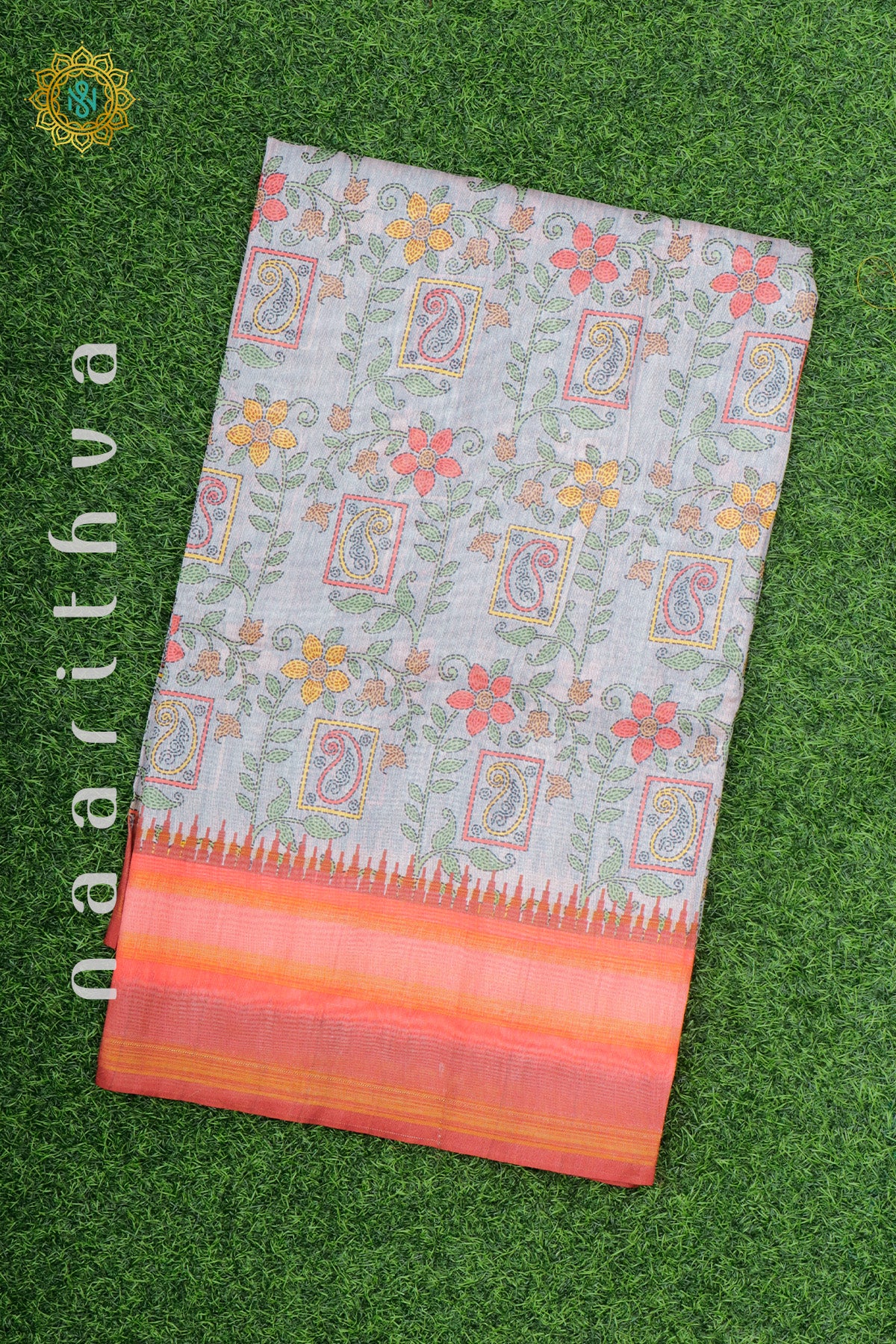 GREY WITH PEACHISH ORANGE - JUTE COTTON