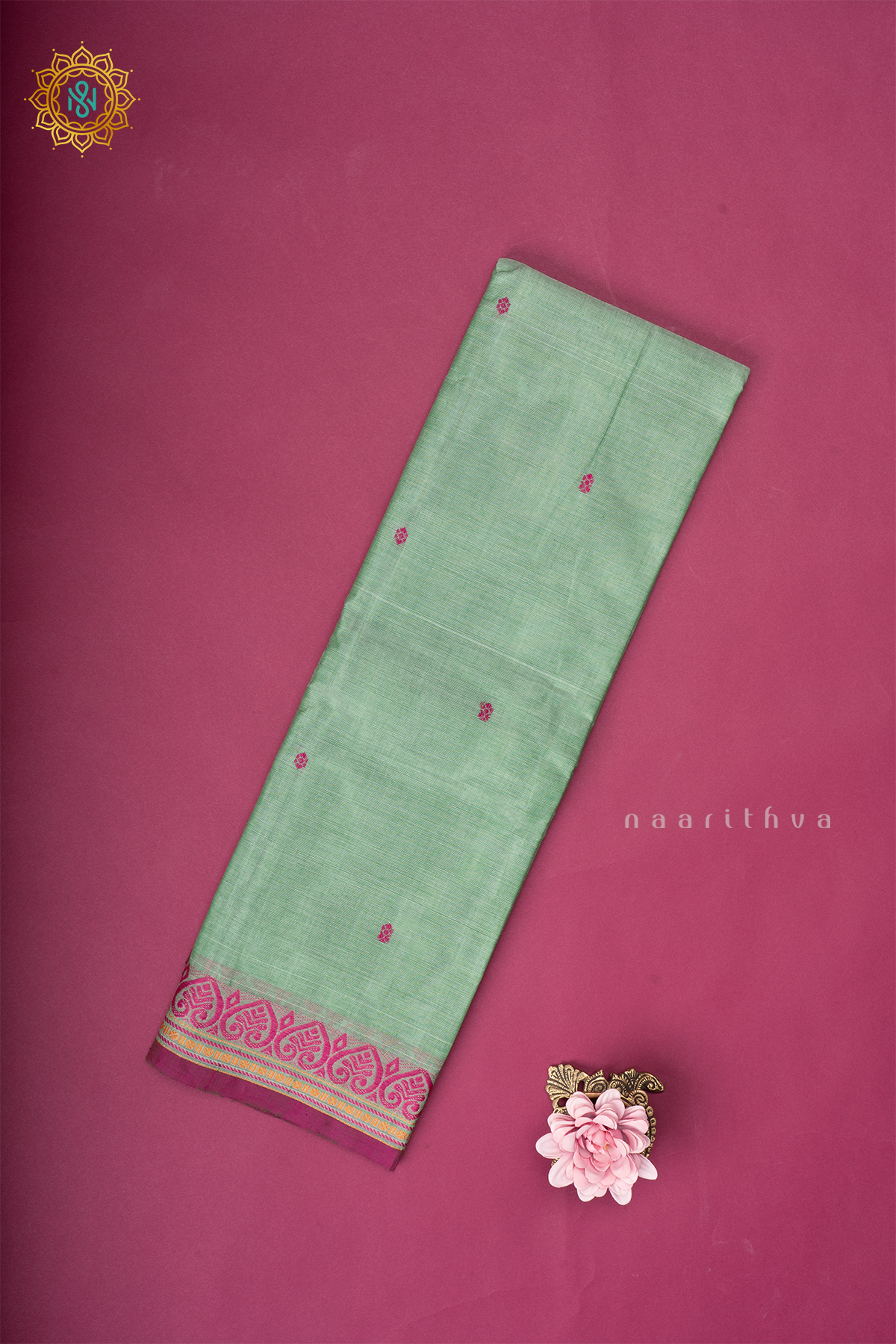 Pista Green With Pink Chettinad Cotton Saree With Thread Woven Buttas & Contrast Border