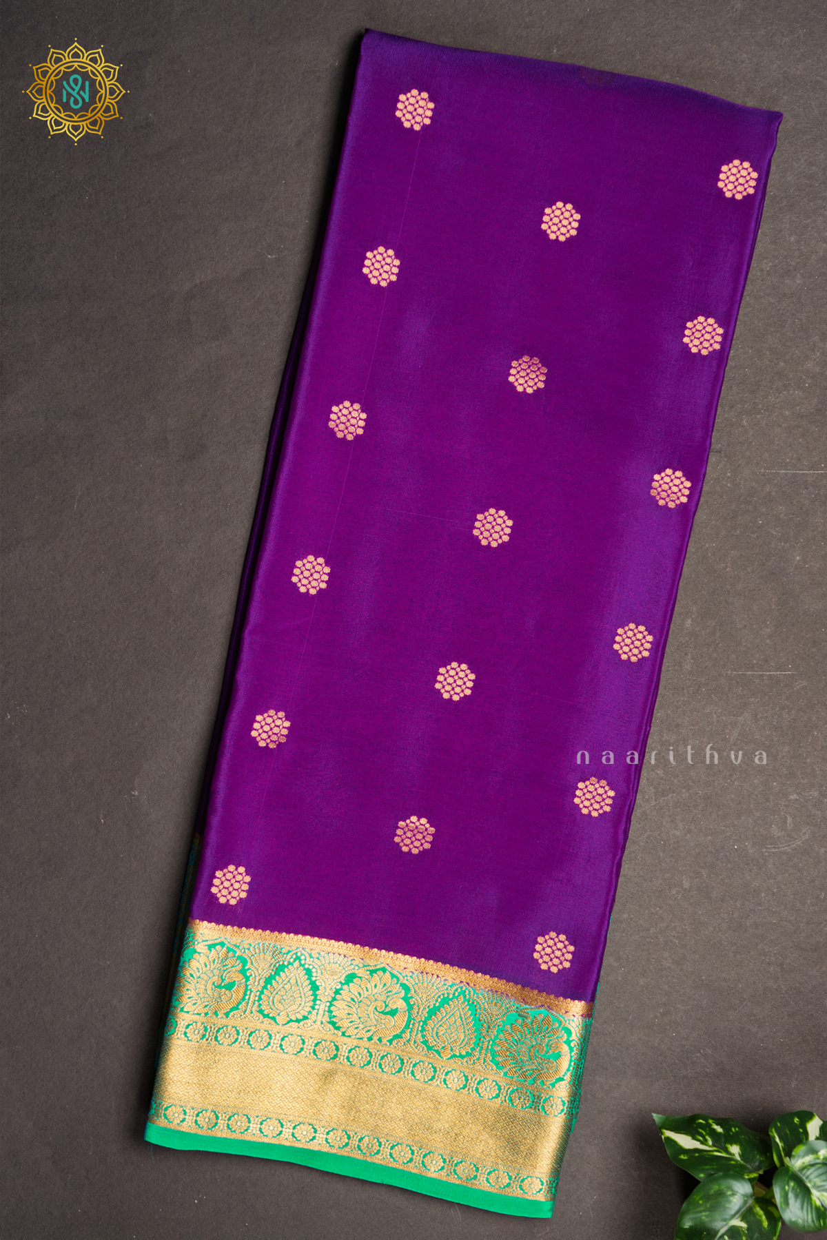 PURPLE WITH AQUA GREEN - PURE MYSORE CREPE SILK