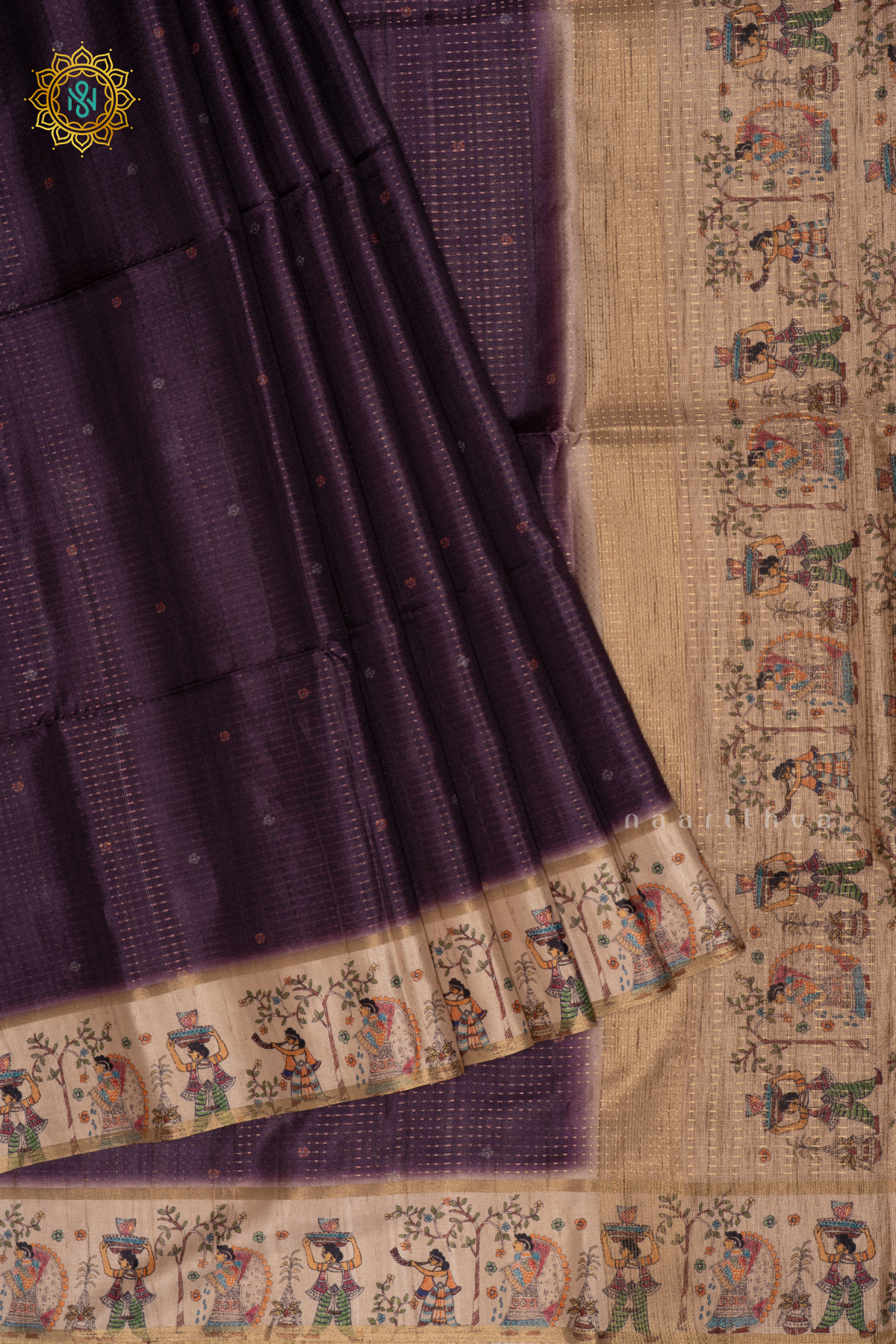 PURPLE - SEMI TUSSAR SILK SAREE ALLOVER ZARI STRIPES WITH PRINTED BORDER