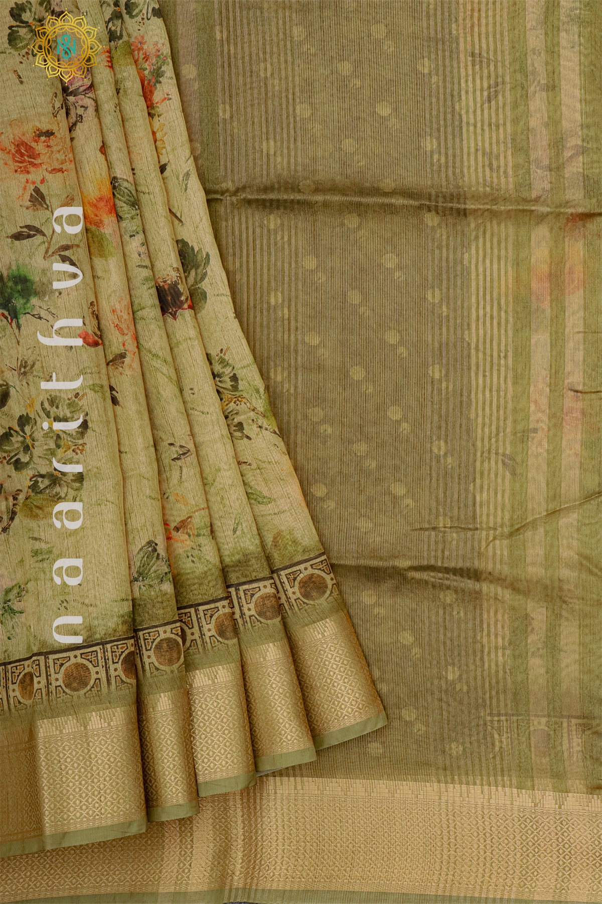 BEIGE WITH GREEN - SEMI TUSSAR SILK