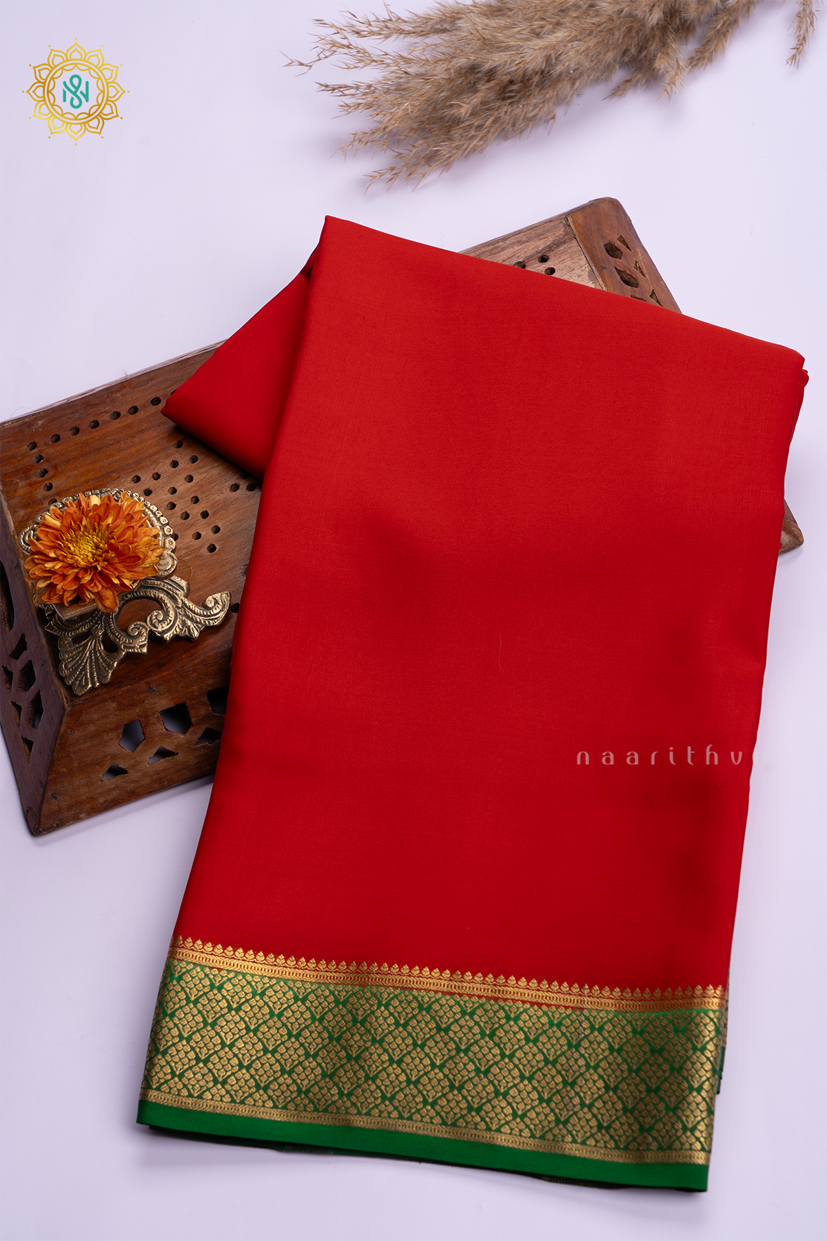 RED WITH GREEN - PURE MYSORE CREPE SILK