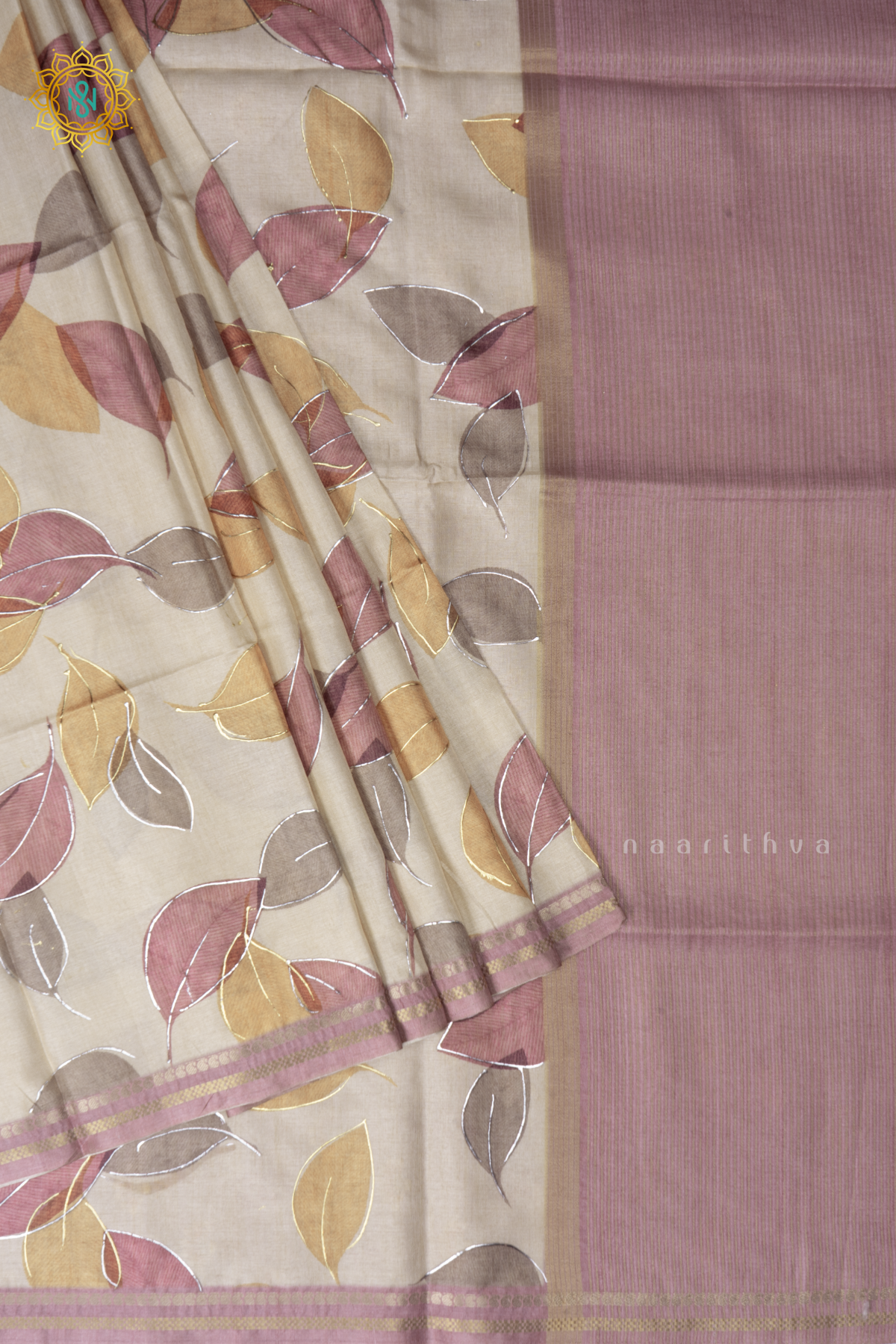 Off White With Mauve Semi Tussar Silk Saree With Allover Leaf Prints On The Body With Contrast Pallu