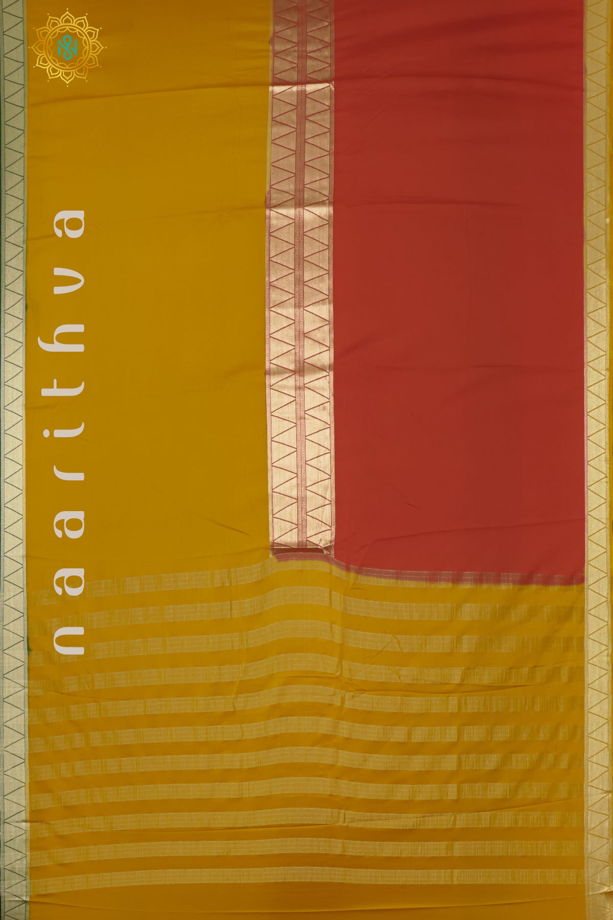 MUSTARD WITH RED & GREEN - SEMI MYSORE CREPE SILK