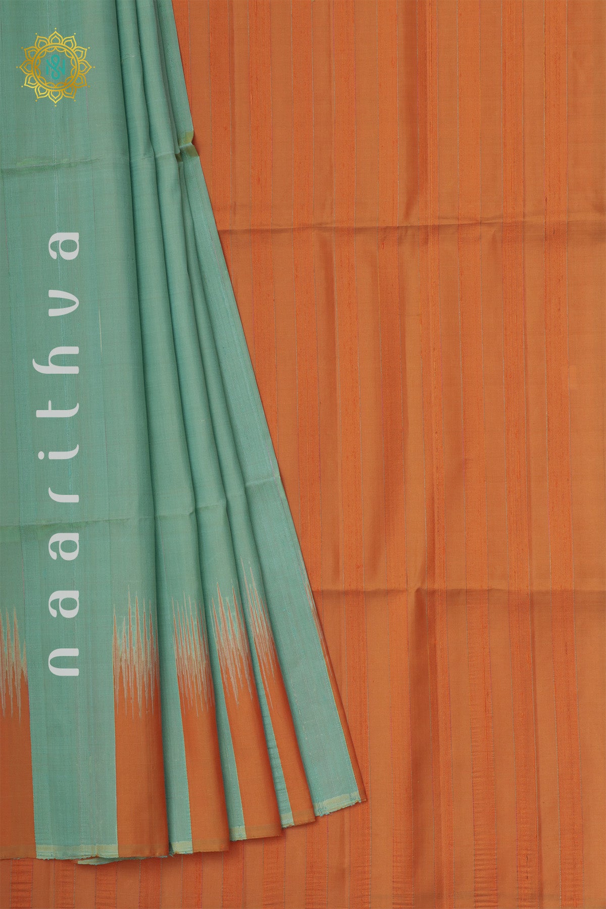 AQUA GREEN WITH ORANGE - PURE KANJIVARAM SOFT SILK