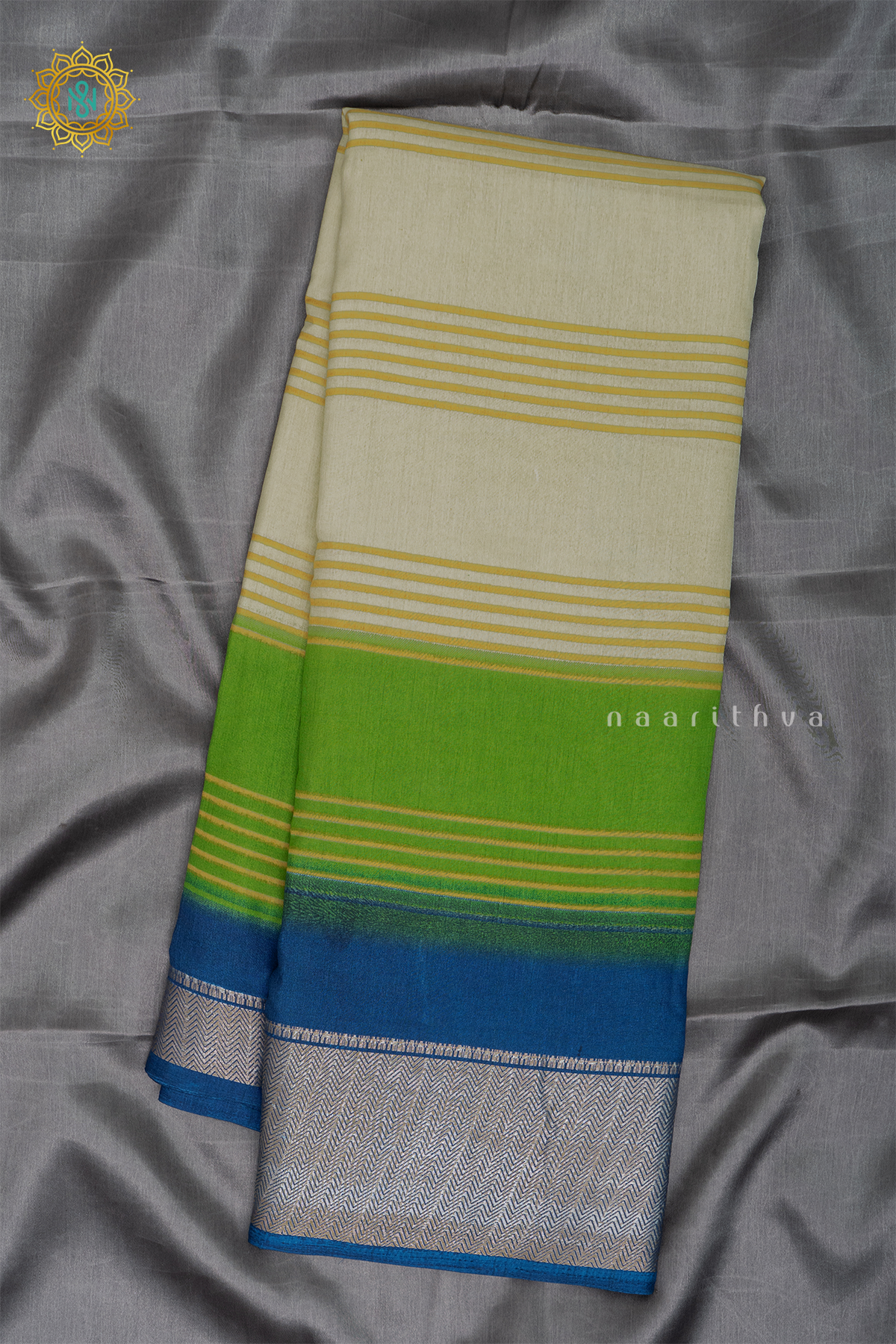 WHITE WITH PARROT GREEN & PEACOCK BLUE - DOLA SILK