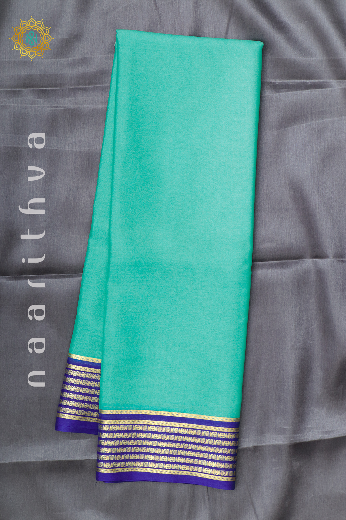 AQUA BLUE WITH ROYAL BLUE - PURE MYSORE CREPE SILK