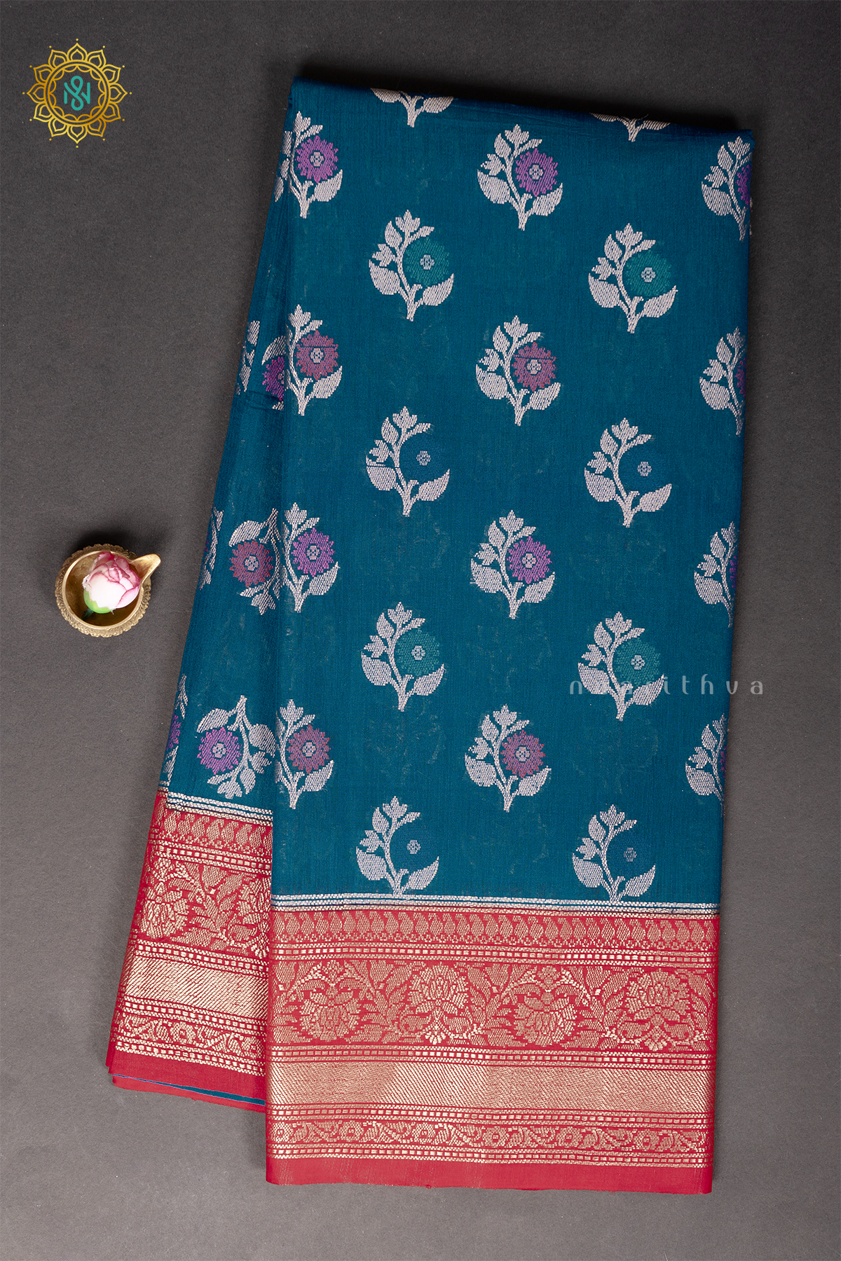 TEAL BLUE WITH RED - JUTE COTTON