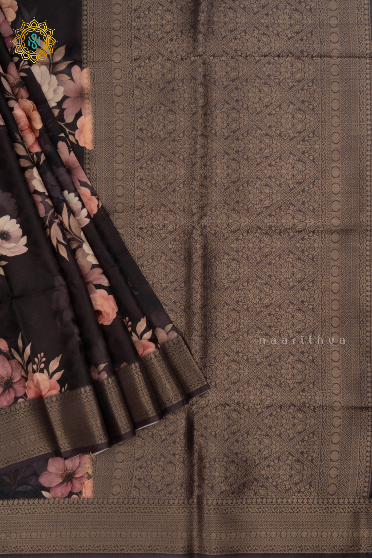 Black with Elephant Grey Semi Crepe Silk Saree with Printed Body, Zari Border, and Zari Pallu