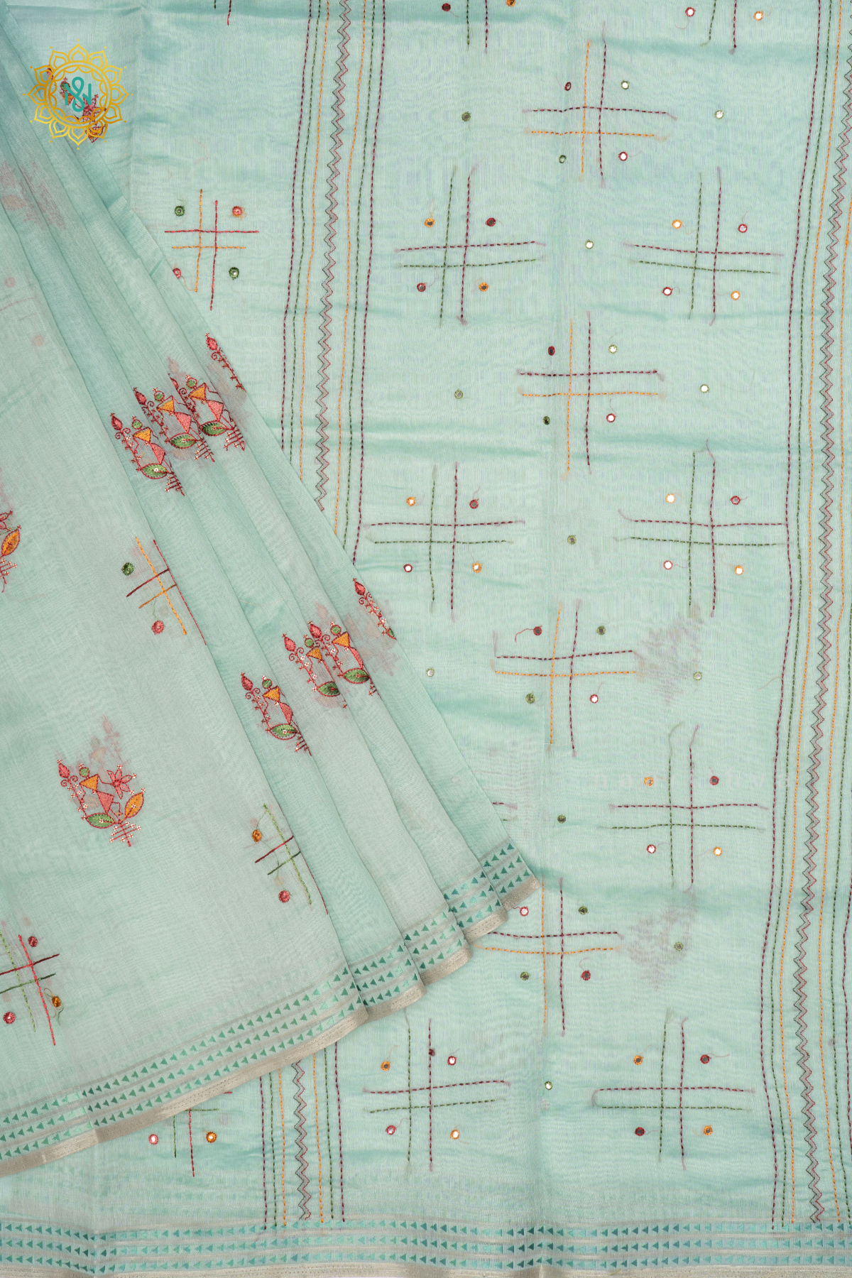 LIGHT GREEN - CHANDERI  COTTON SAREE WITH EMBROIDERY BUTTAS,  PALLU AND  THREAD WOVEN BORDER