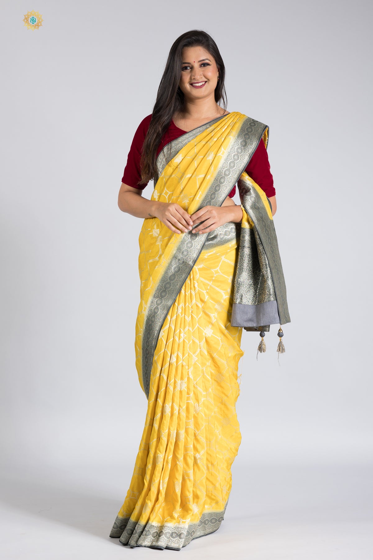 YELLOW WITH GREY - DESIGNER DOLA SILK WITH SILVER ZARI WEAVES & CONTRAST BLOUSE