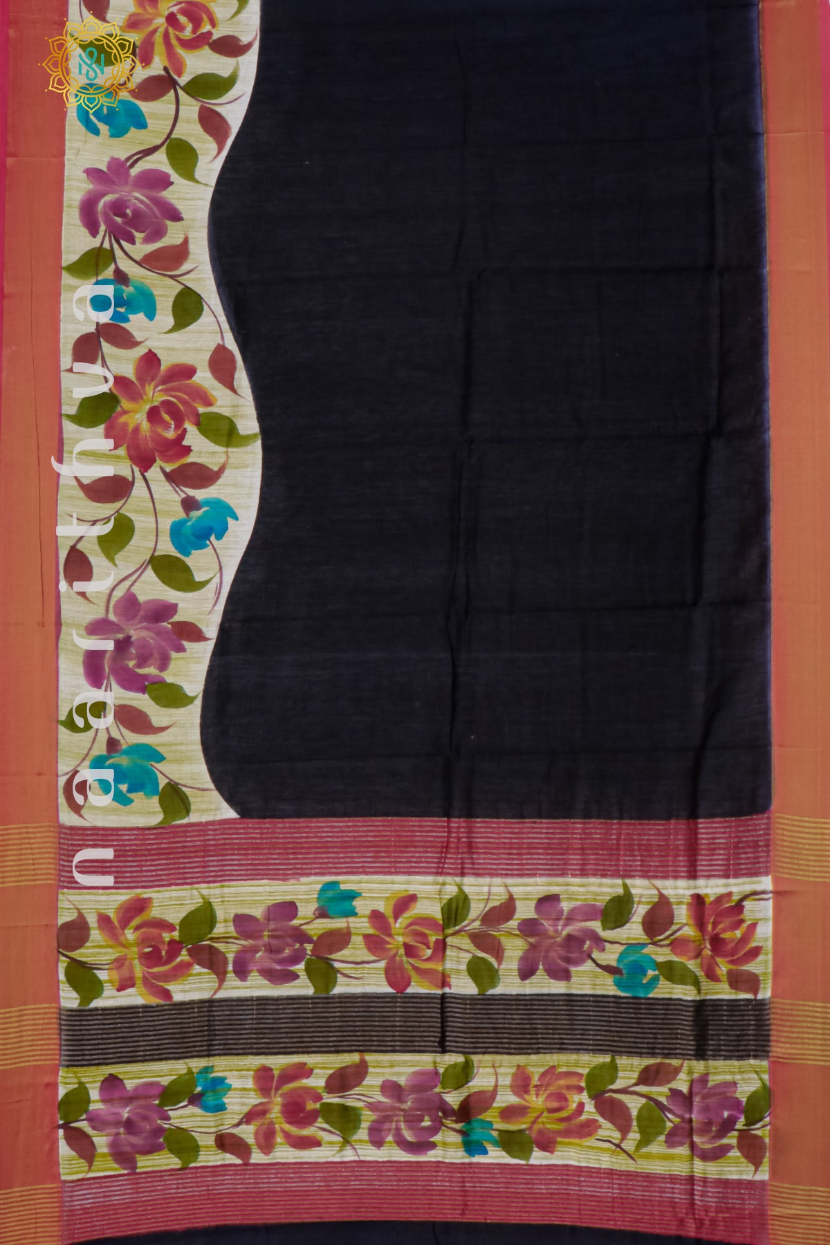 BLACK WITH REDDISH PINK - CHANDERI SILK WITH HAND PAINTED