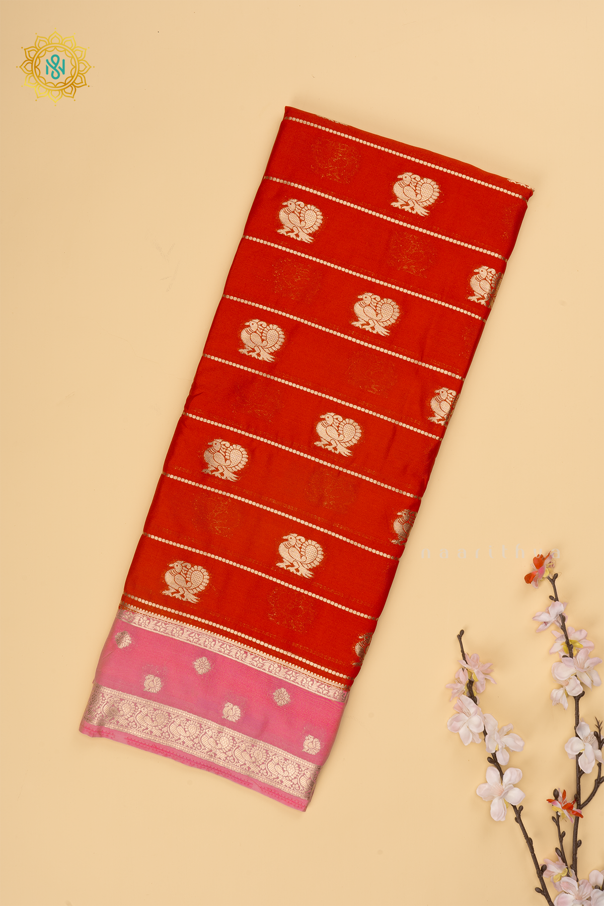 Orange with Light Pink Semi Mysore Crepe Silk Saree with All-Over Zari Stripes and Zari Buttas on the Body and a Contrast Zari Border