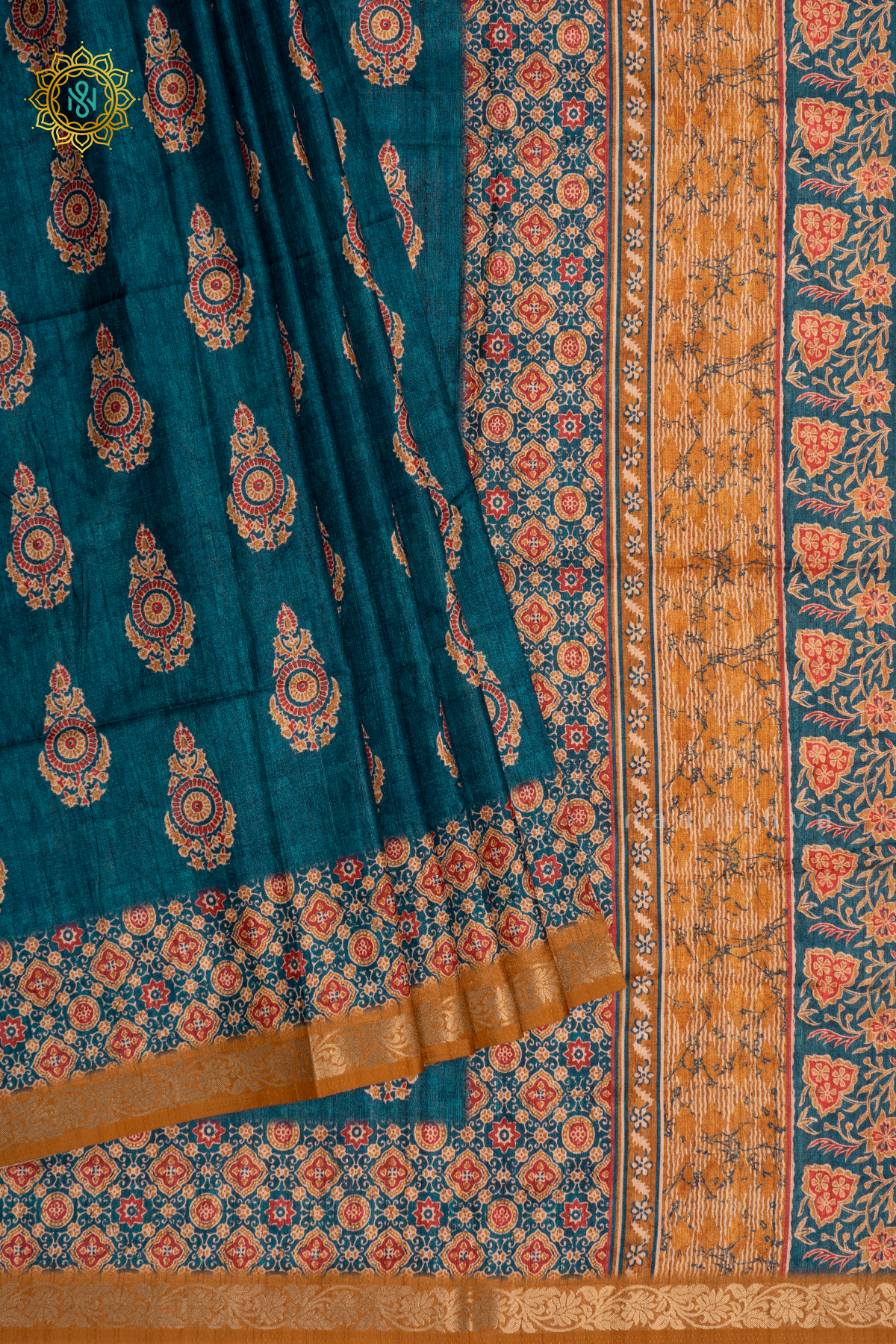 BLUE WITH YELLOW - SEMI TUSSAR SILK SAREE PRINTED BODY WITH CONTRAST BORDER