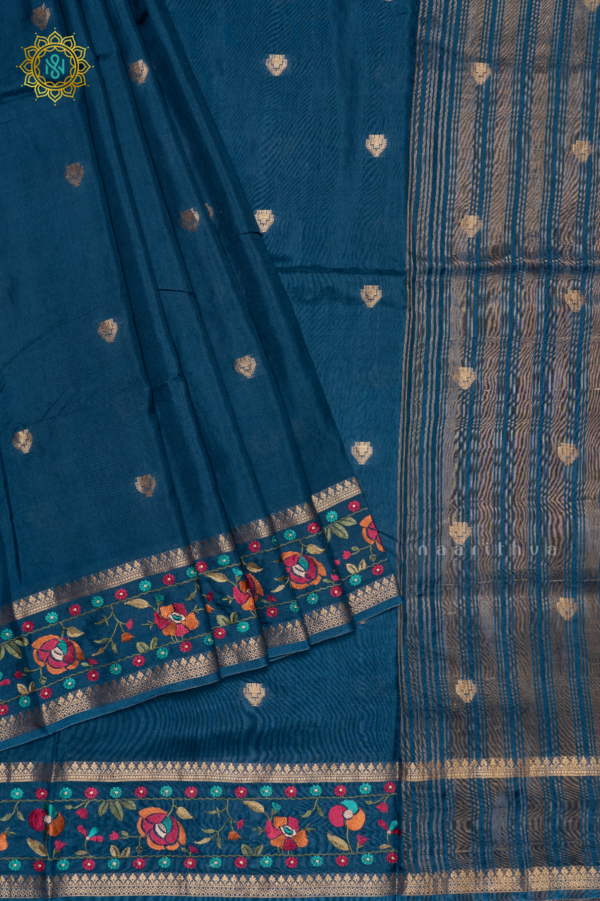 TEAL BLUE - SEMI CREPE SILK WITH EMBROIDERY