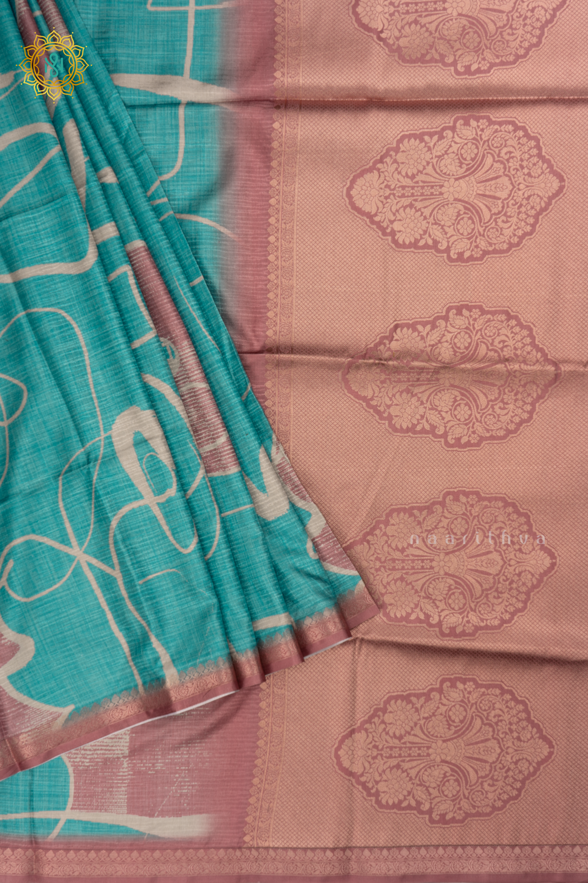 Aqua Blue with Light Brown Semi Crepe Silk Saree with Printed Body, Zari Border, and Zari Pallu