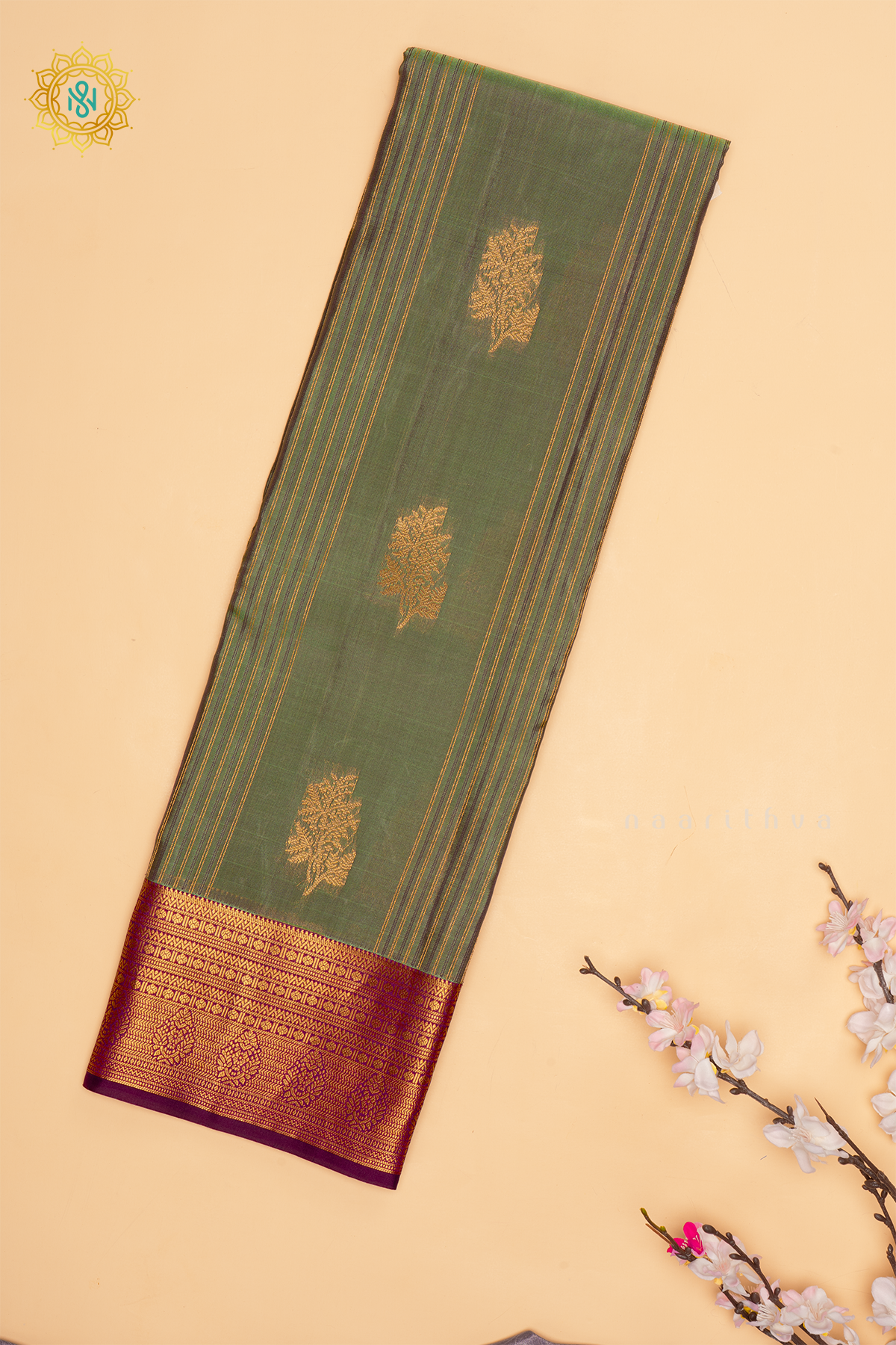Sage Green with Wine Pure Mix Kanjivaram Silk Saree with Zari Woven Stripes, Buttas and Zari Woven Contrast Border