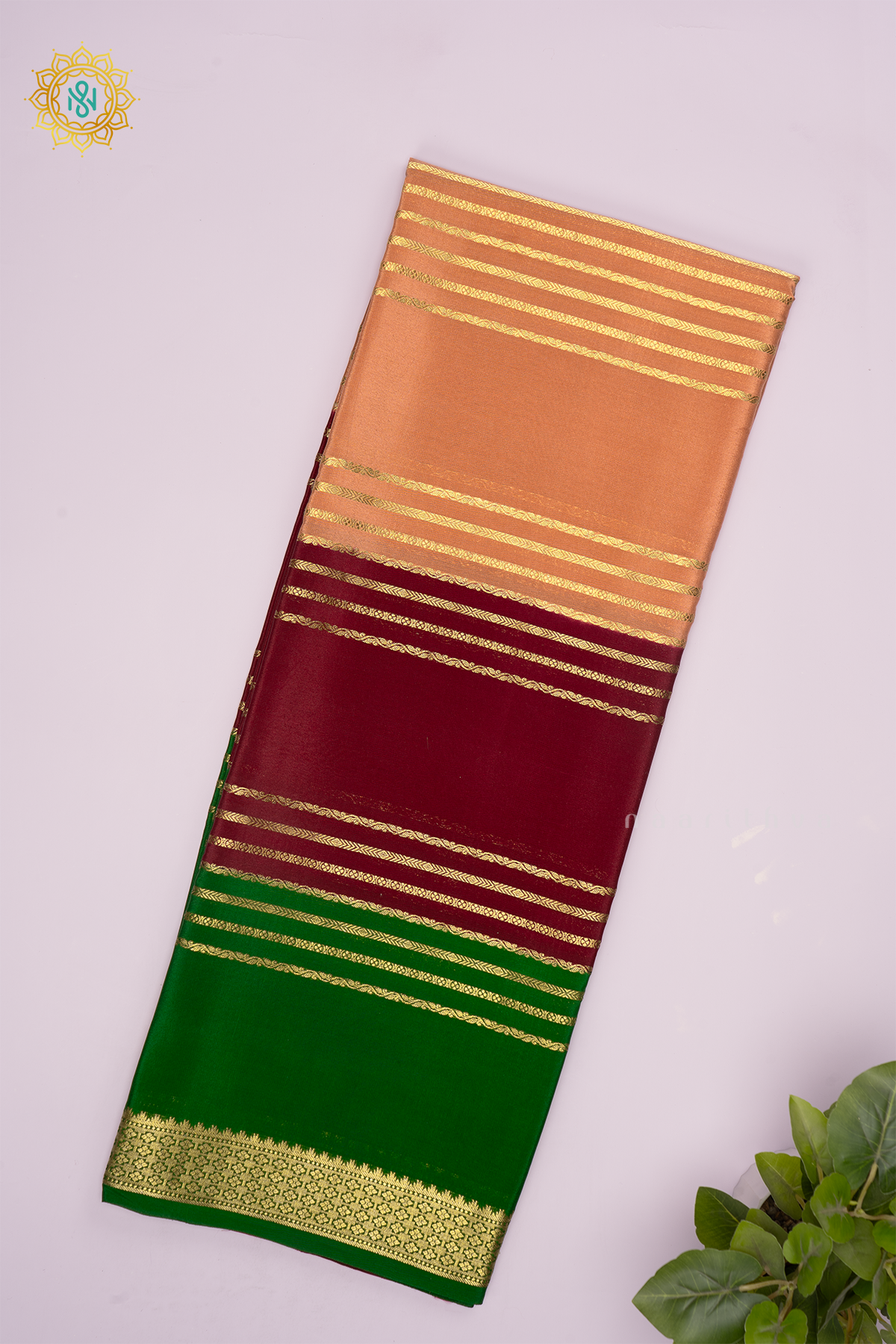 PEACH WITH MAROON AND GREEN - PURE MYSORE CREPE SILK