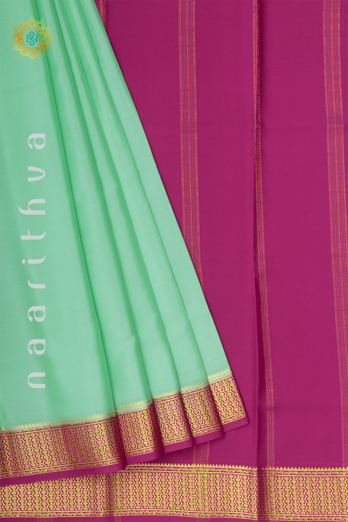 AQUA GREEN WITH PINK - PURE MYSORE CREPE SILK