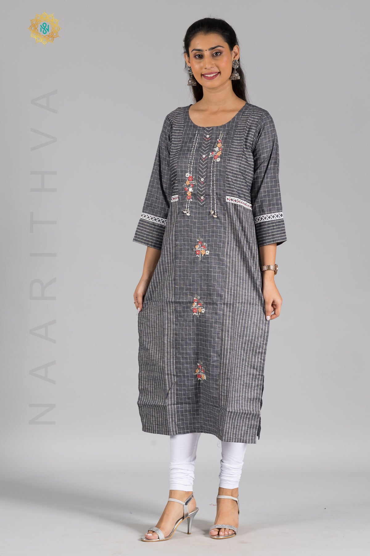 DARK GREY - COTTON CASUAL KURTI WITH SIMPLE EMBROIDERY WORK