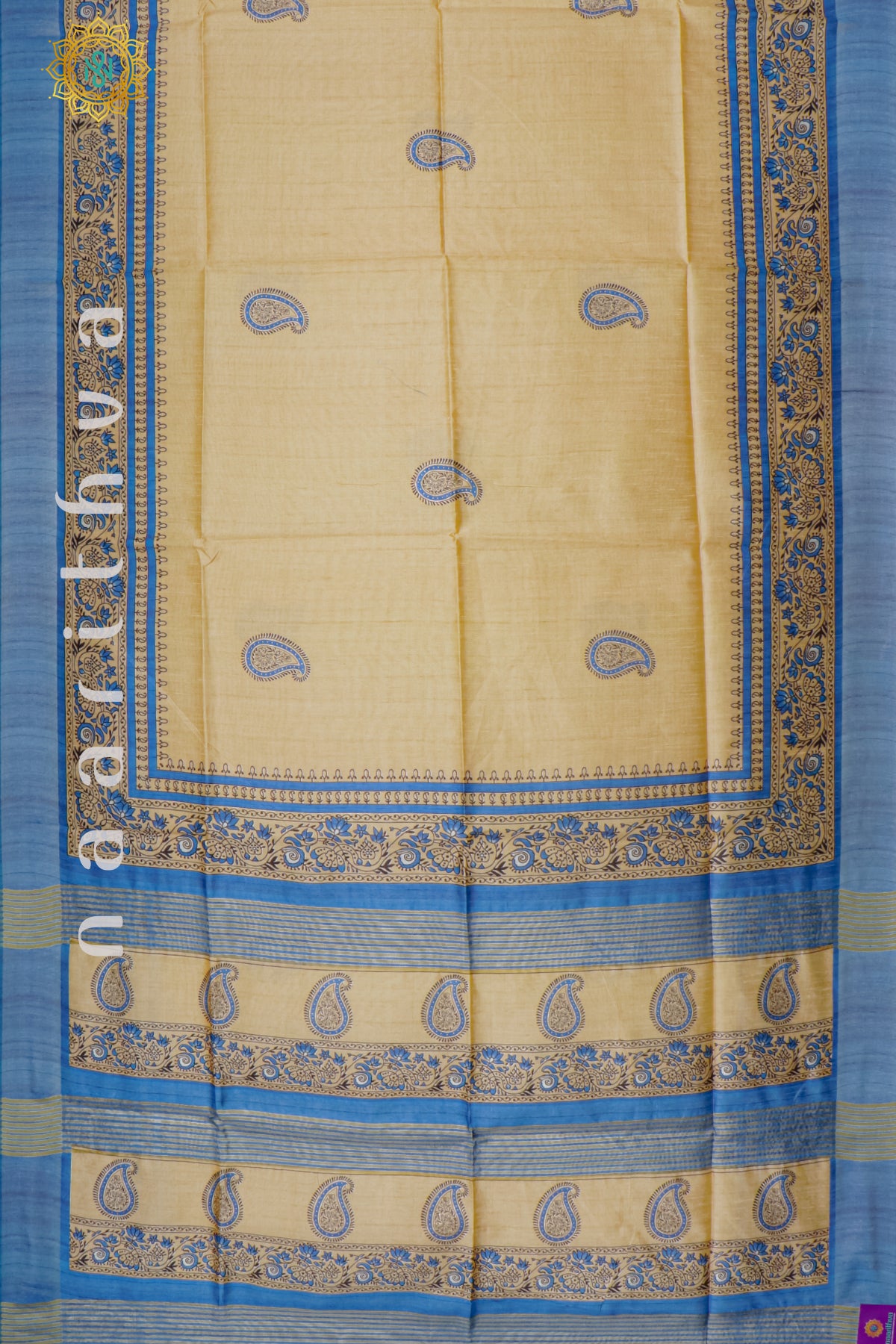 BIEGE WITH SKY BLUE - SEMI TUSSAR SILK