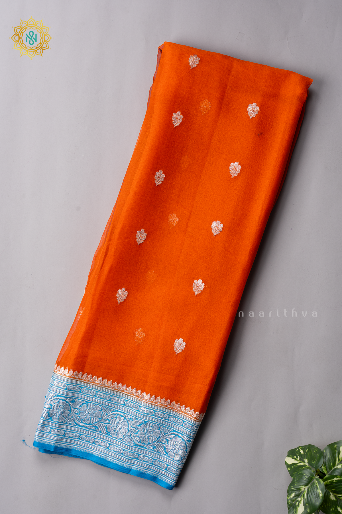 ORANGE WITH SKY BLUE - PURE BANARASI CHIFFON