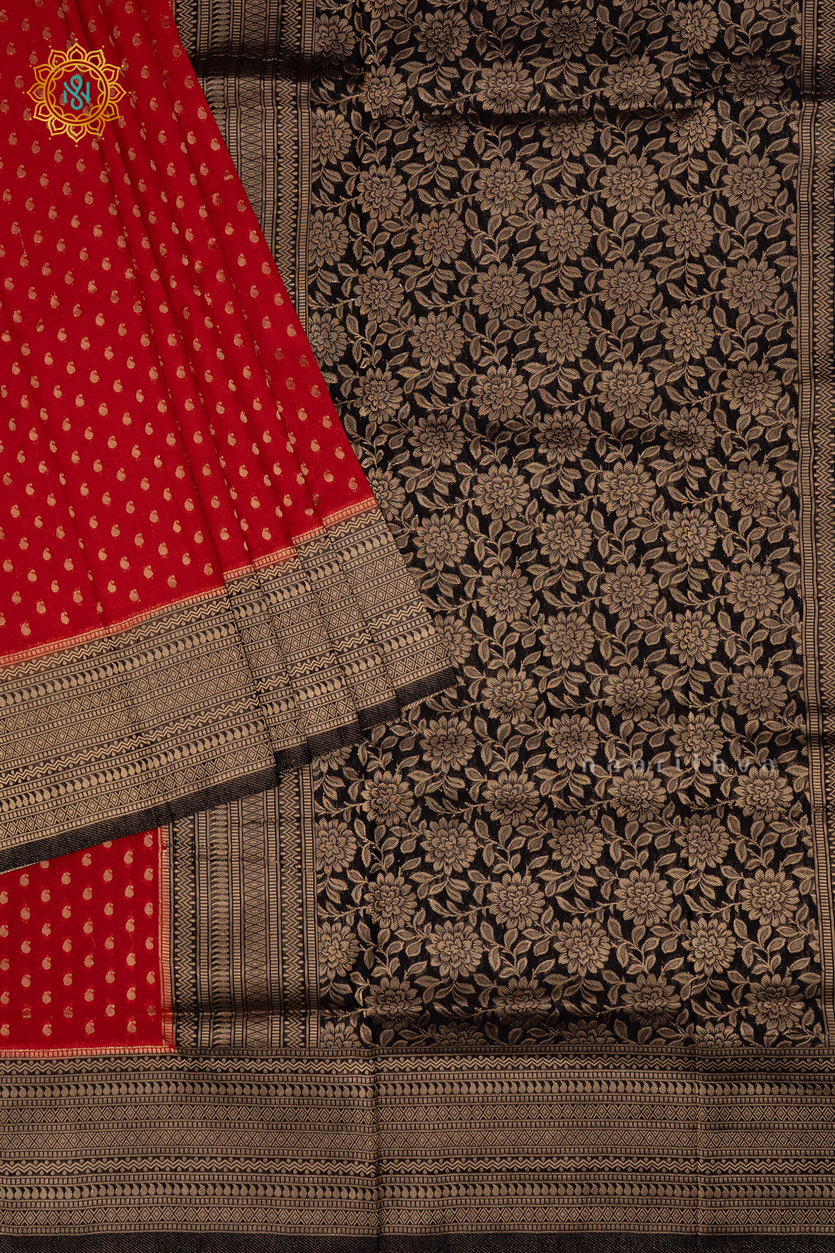 Red with Black Semi-Crepe Georgette Saree with Zari Buttas on the Body and a Contrast Zari Border