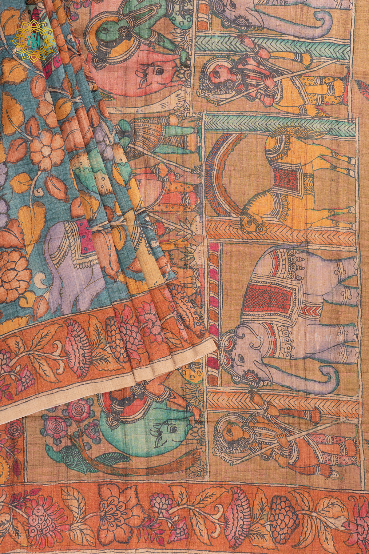 Aqua Green With Light Brown - Semi Gicha Tussar Saree Allover Kalamkari Printed Body With Pallu And Blouse