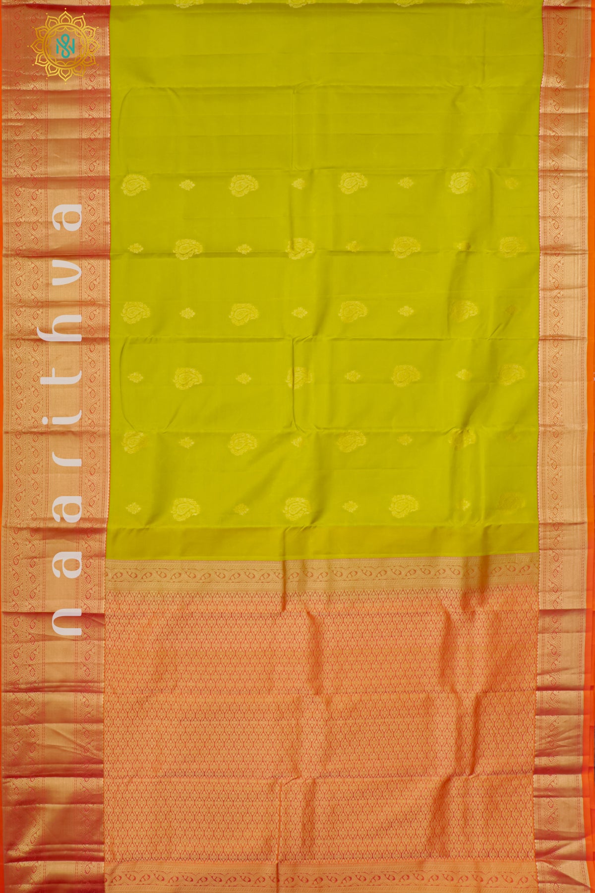 PARROT GREEN WITH ORANGE - PURE KANJIVARAM SILK