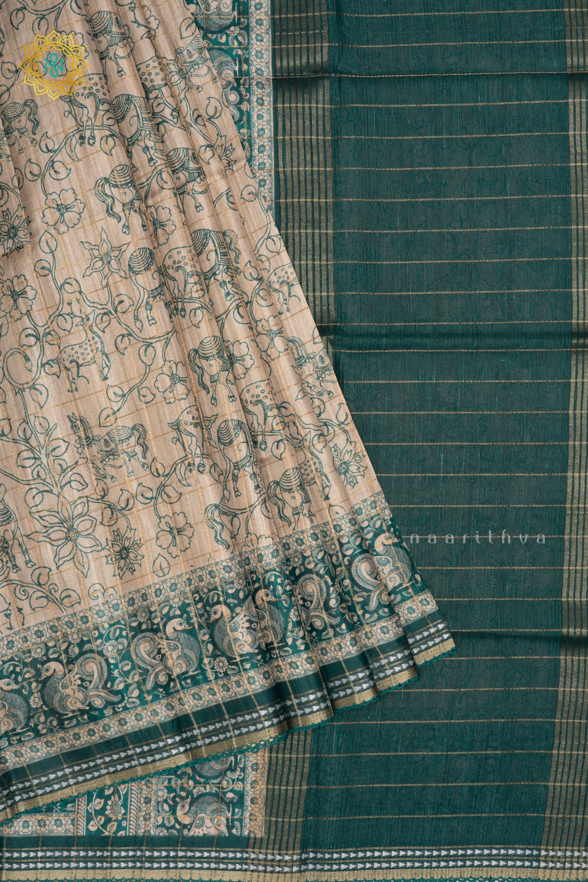 Off White With Peacock Green Semi Tussar Silk Saree Allover Printed And Zari Striped Body With Thread Woven Tissue Border