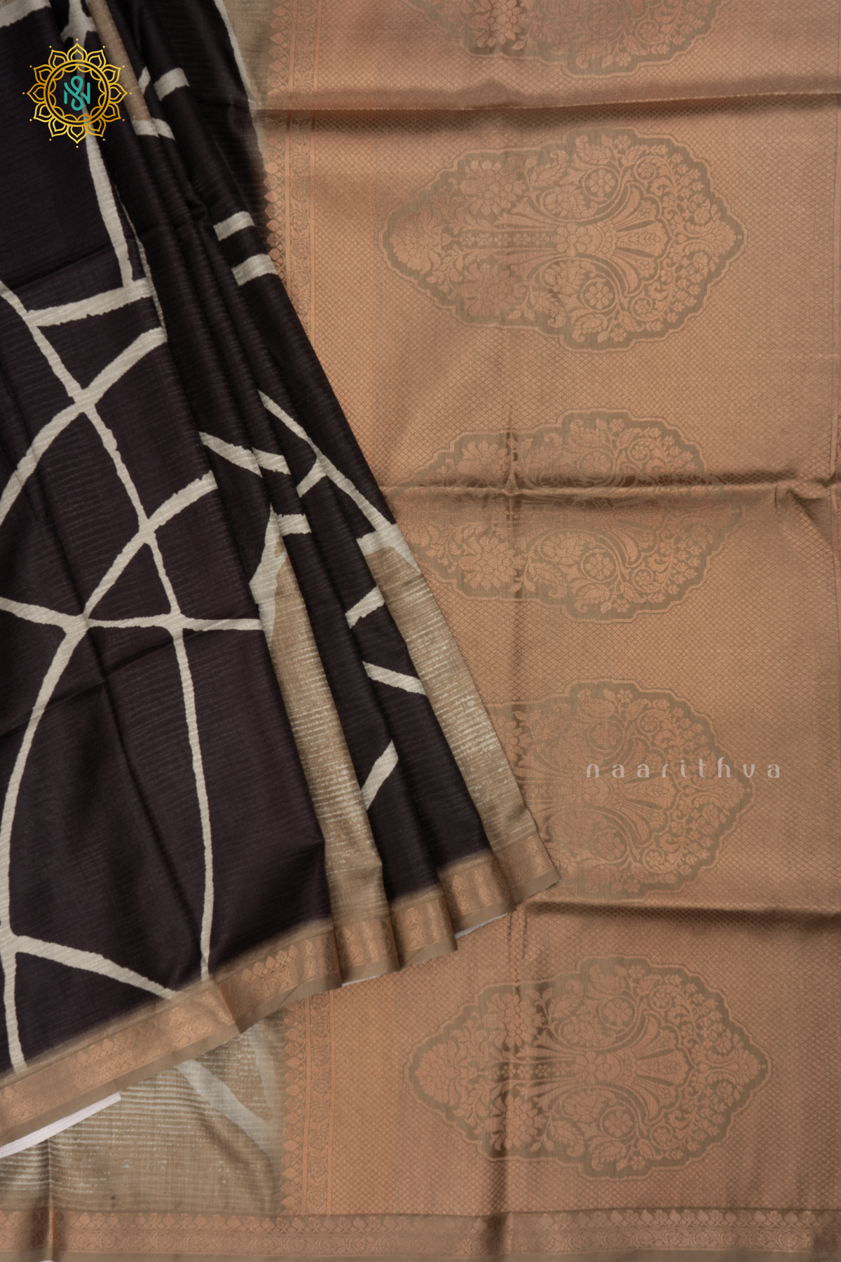 Black with Light Olive Green Semi Crepe Silk Saree with Printed Body, Zari Border, and Zari Pallu