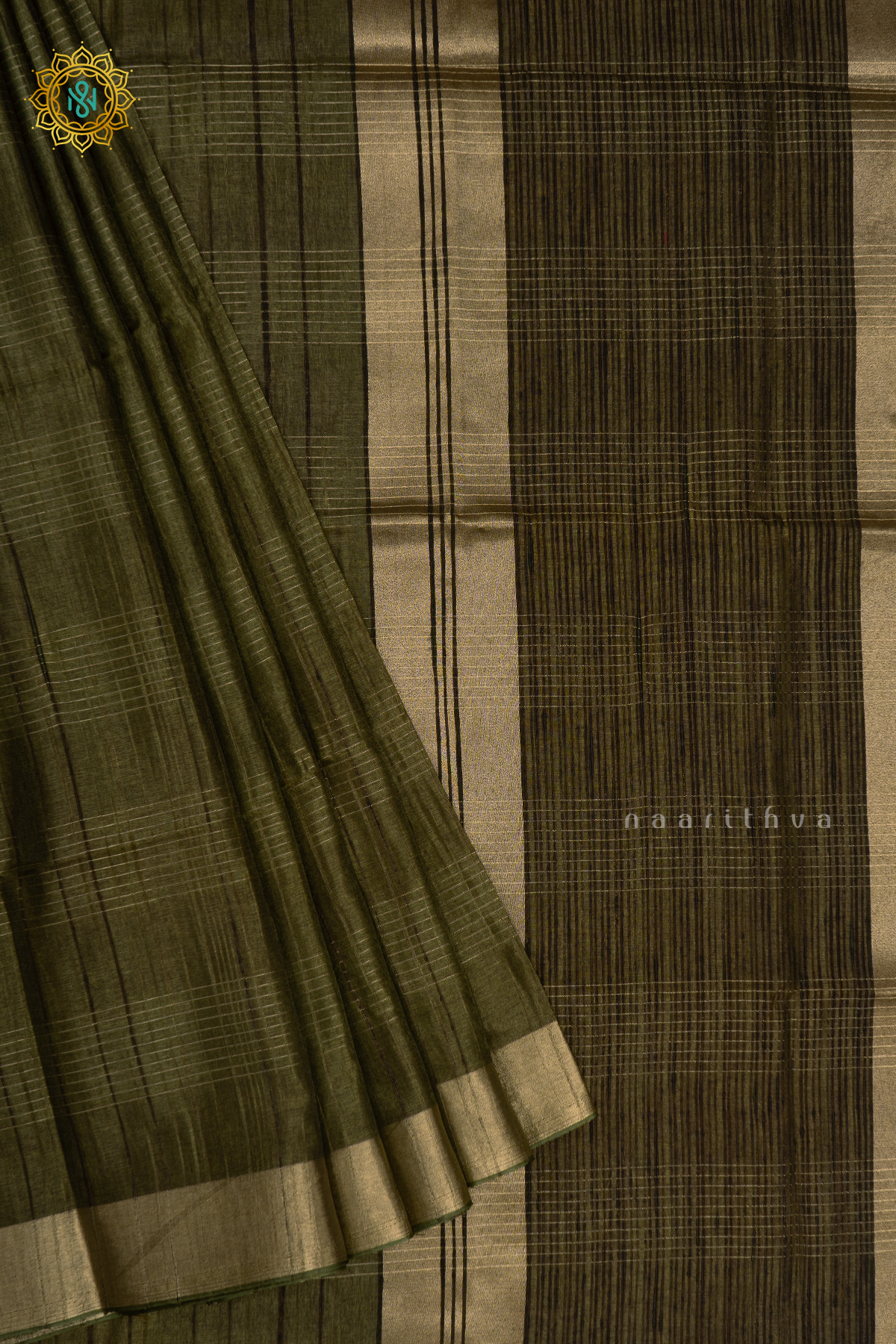Green Semi Tussar Silk Saree With Zari Stripes On The Body And Zari Border