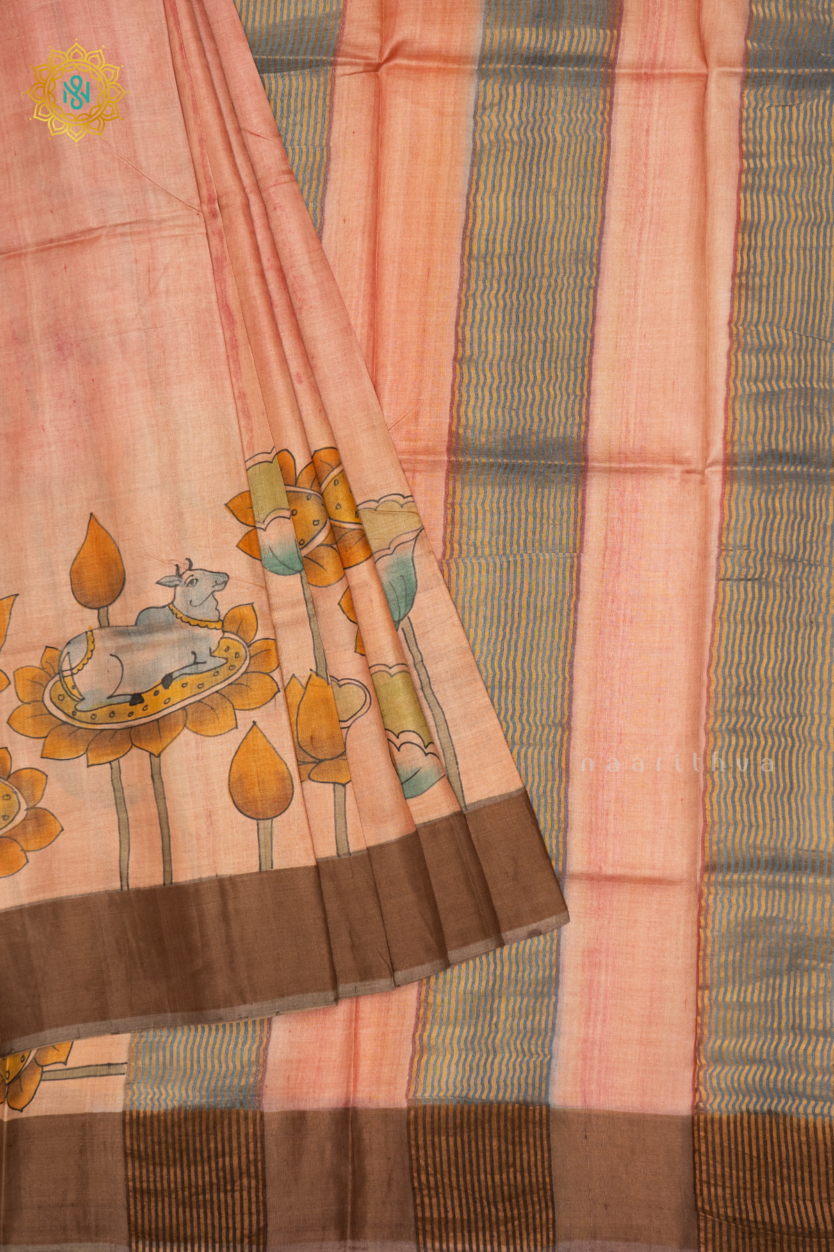 PEACH WITH YELLOW - PURE TUSSAR SILK