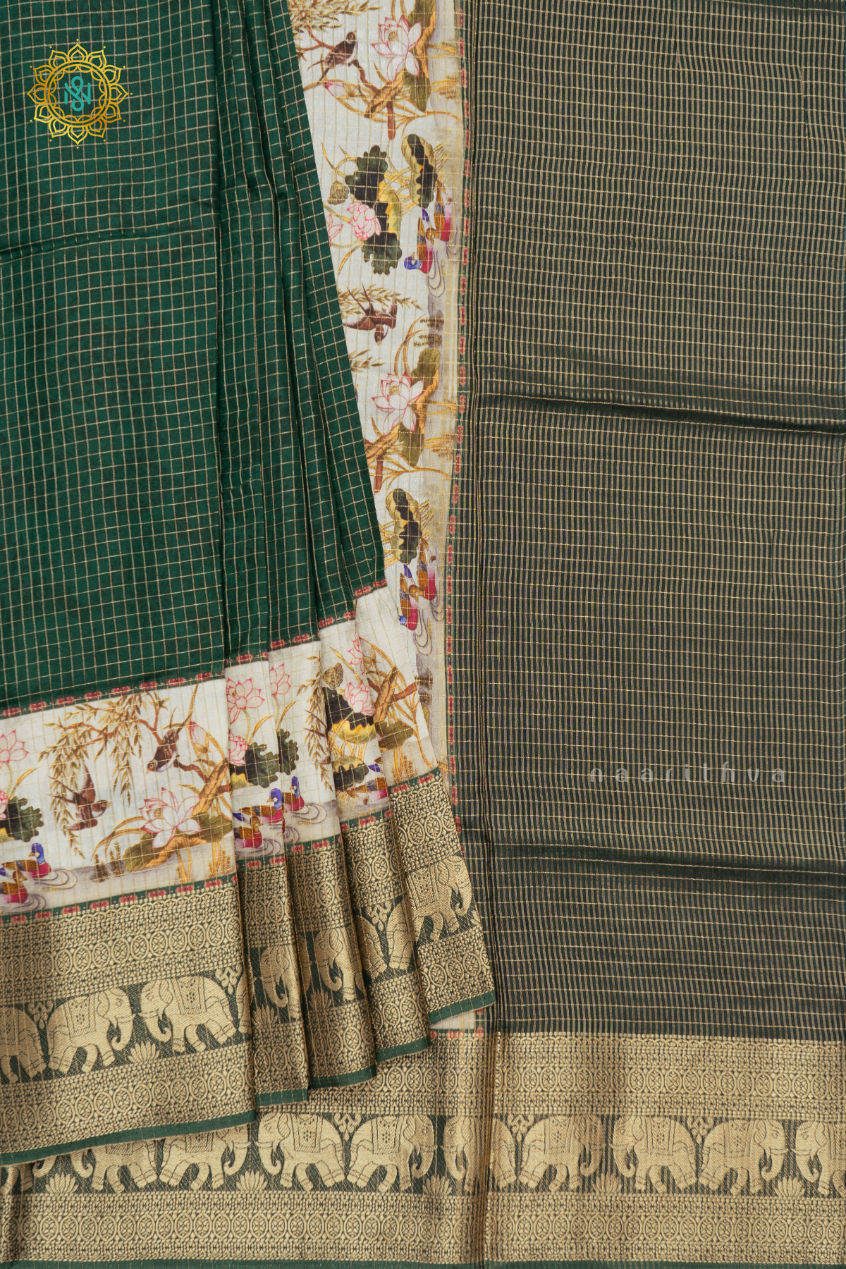 GREEN WITH WHITE - SEMI CREPE SILK