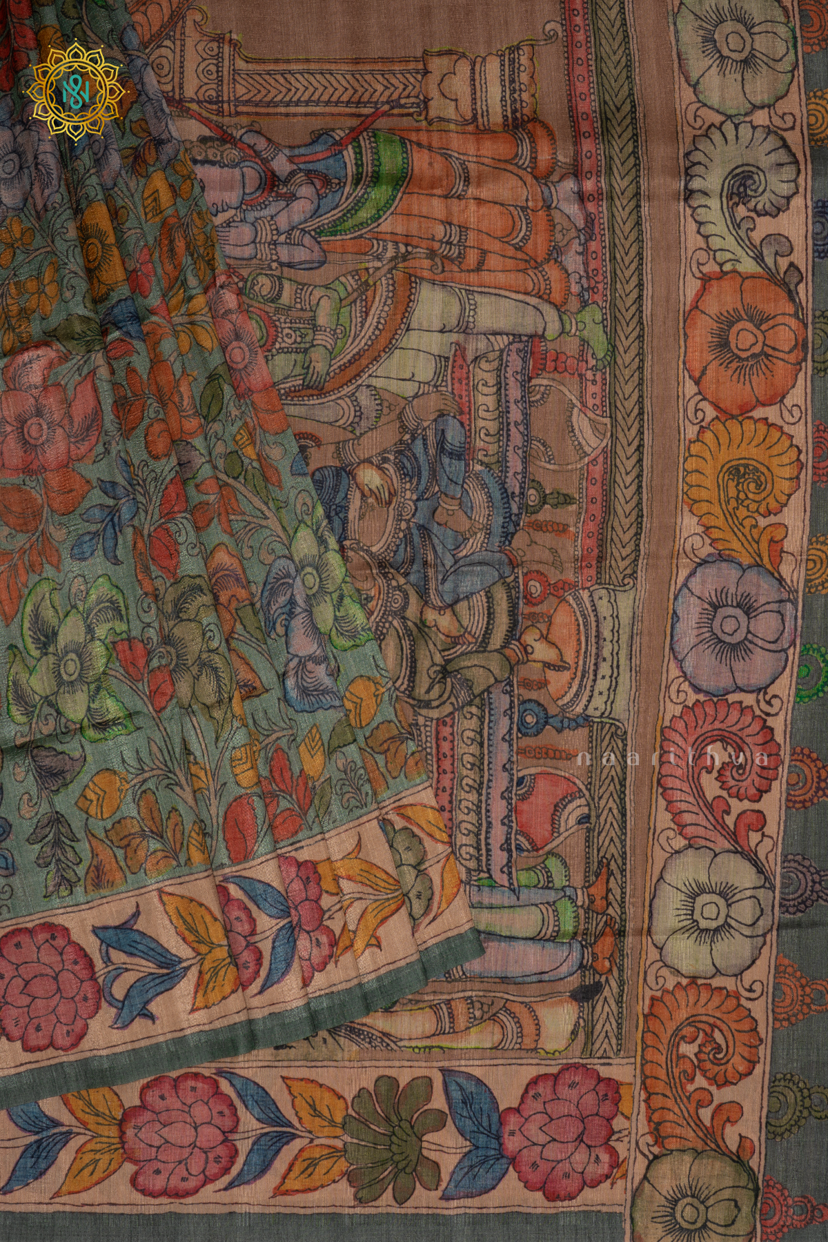 Green With Beige - Semi Gicha Tussar Saree Allover Kalamkari Printed Body With Pallu And Blouse