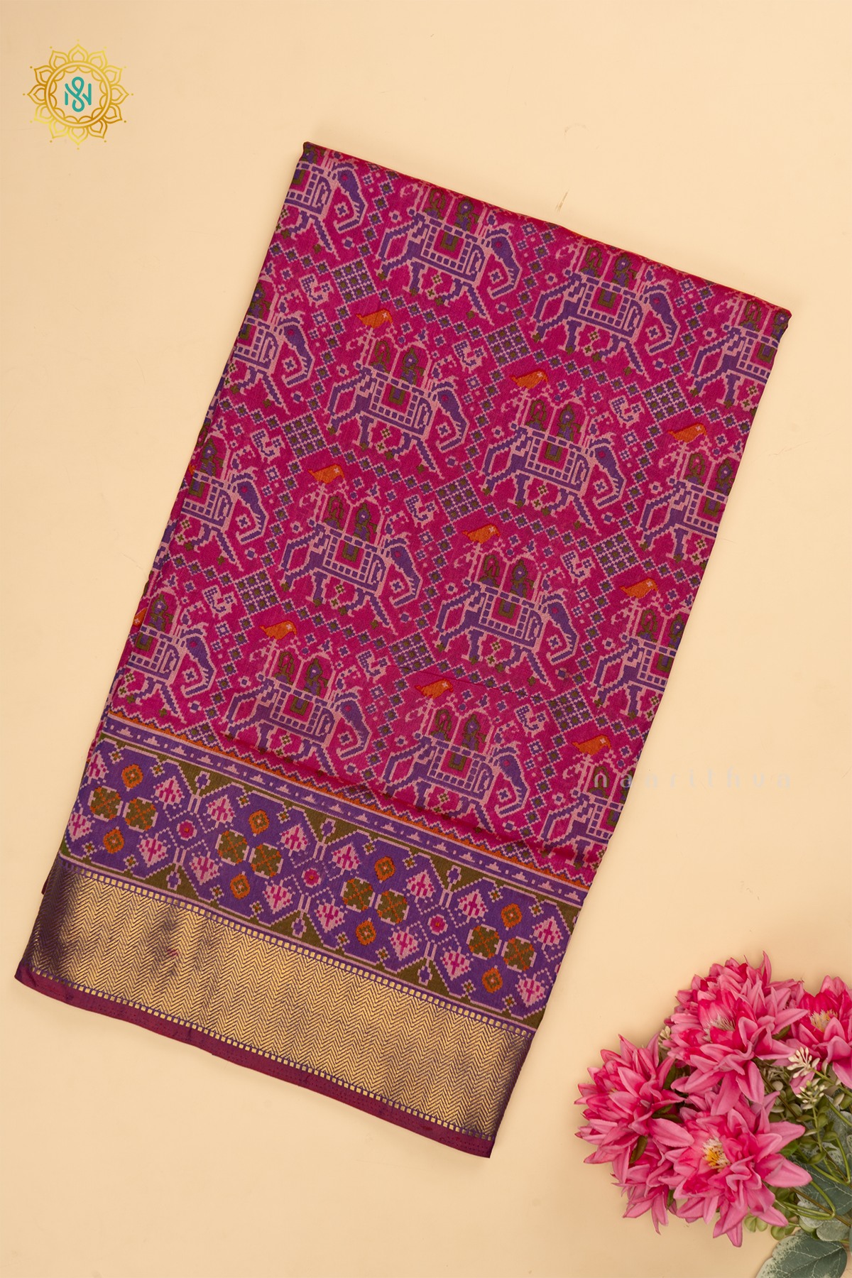 Pink with Purple - Semi Silk Saree Allover Patola Printed Body with Contrast Zari Border, Pallu and Blouse